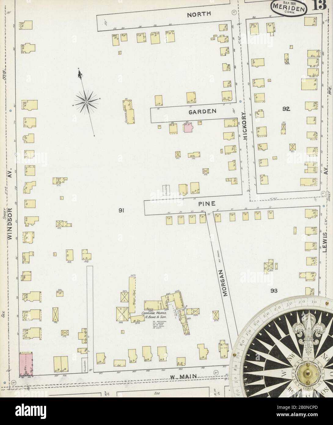 Bild 13 von Sanborn Fire Insurance Map aus Meriden, New Haven County, Connecticut. Sep. 28 Blatt(e), Amerika, Straßenkarte mit einem Kompass Aus Dem 19. Jahrhundert Stockfoto