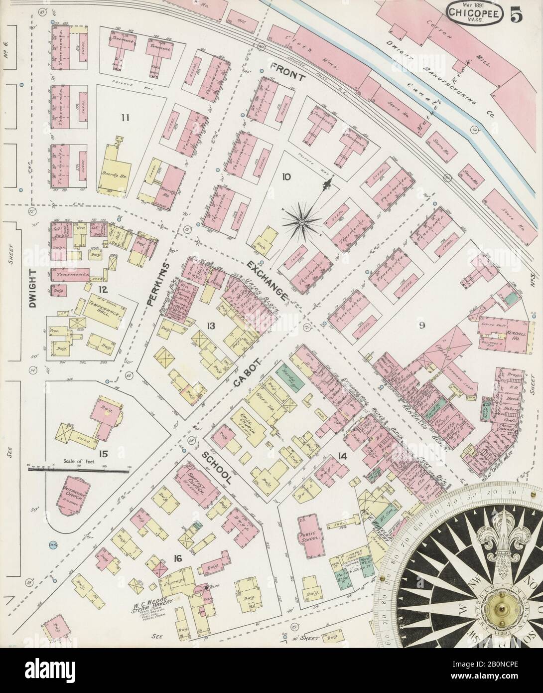 Bild 5 von Sanborn Fire Insurance Map aus Chicopee, Hampden County, Massachusetts. Mai 1891. 8 Blatt(e), Amerika, Straßenkarte mit einem Kompass Aus Dem 19. Jahrhundert Stockfoto