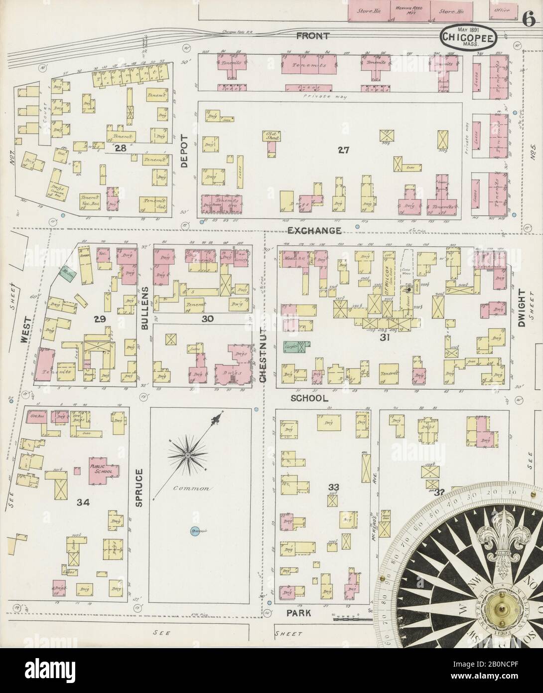 Bild 6 von Sanborn Fire Insurance Map aus Chicopee, Hampden County, Massachusetts. Mai 1891. 8 Blatt(e), Amerika, Straßenkarte mit einem Kompass Aus Dem 19. Jahrhundert Stockfoto
