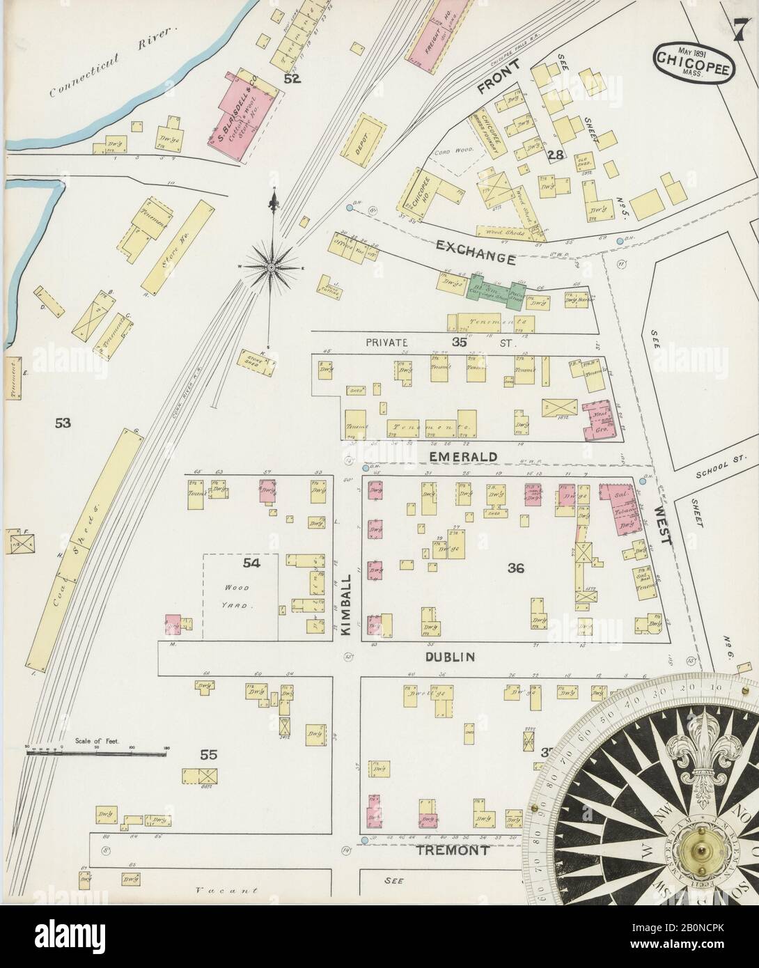 Bild 7 von Sanborn Fire Insurance Map aus Chicopee, Hampden County, Massachusetts. Mai 1891. 8 Blatt(e), Amerika, Straßenkarte mit einem Kompass Aus Dem 19. Jahrhundert Stockfoto