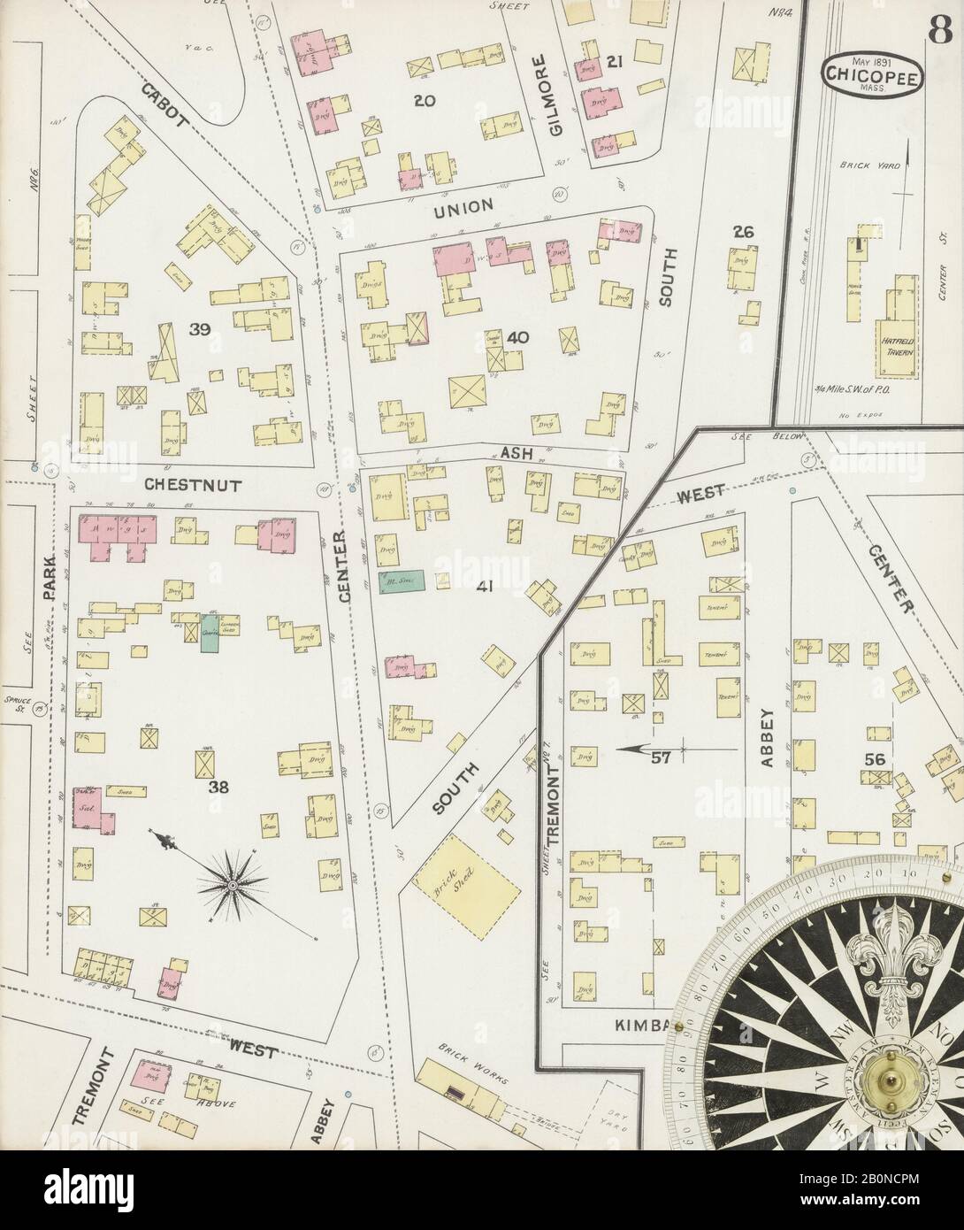 Bild 8 von Sanborn Fire Insurance Map aus Chicopee, Hampden County, Massachusetts. Mai 1891. 8 Blatt(e), Amerika, Straßenkarte mit einem Kompass Aus Dem 19. Jahrhundert Stockfoto