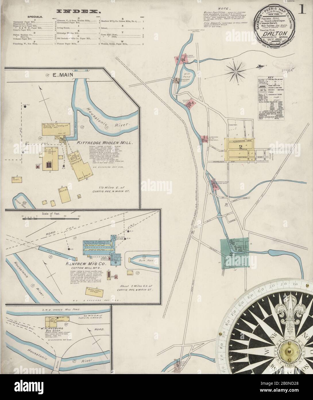 Bild 1 von Sanborn Fire Insurance Map aus Dalton, Berkshire County, Massachusetts. Oktober 1892. 4 Blatt(e), Amerika, Straßenkarte mit einem Kompass Aus Dem 19. Jahrhundert Stockfoto