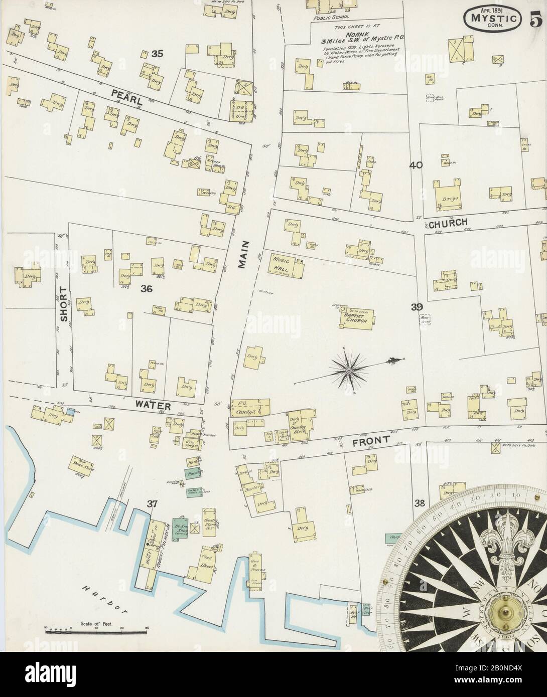 Bild 5 von Sanborn Fire Insurance Map aus Mystic, New London County, Connecticut. Apr. 5 Blatt(e), Amerika, Straßenkarte mit einem Kompass Aus Dem 19. Jahrhundert Stockfoto