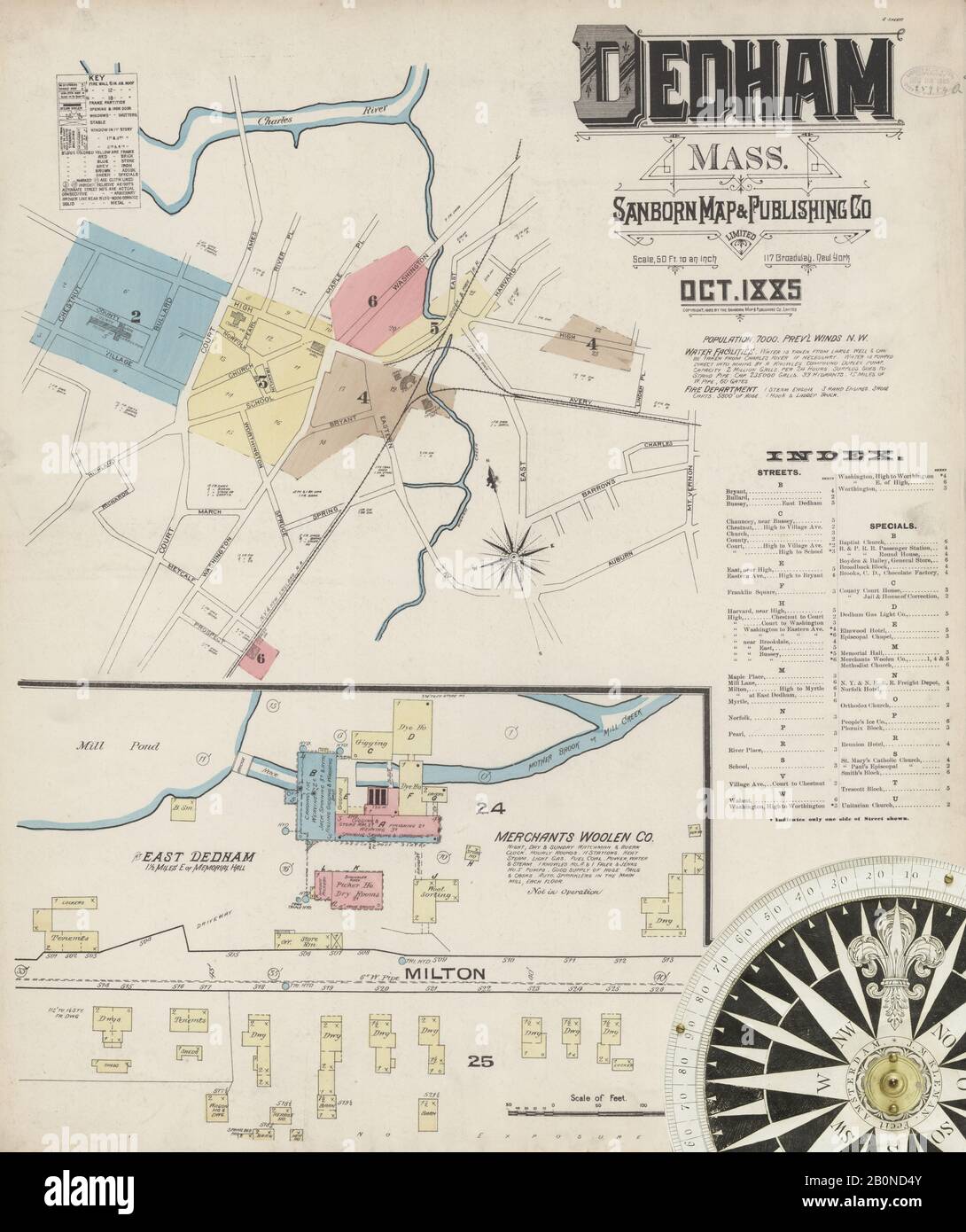 Bild 1 von Sanborn Fire Insurance Map aus Dedham, Norfolk County, Massachusetts. Okt 1885. 6 Blatt(e), Amerika, Straßenkarte mit einem Kompass Aus Dem 19. Jahrhundert Stockfoto