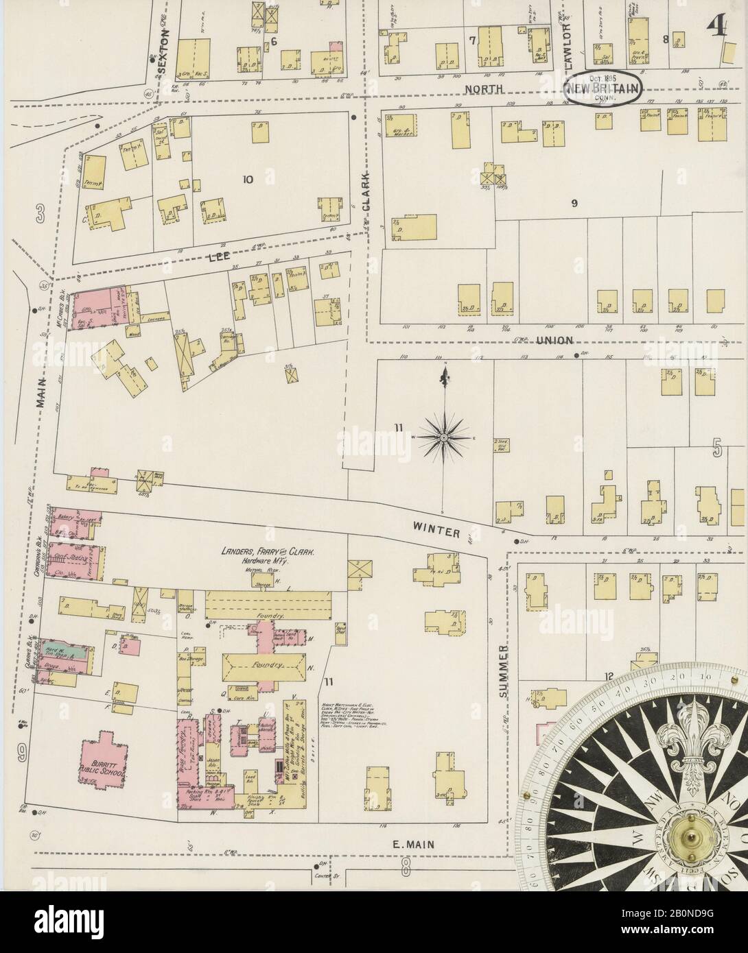 Bild 4 von Sanborn Fire Insurance Map aus New Britain, Hartford County, Connecticut. Okt. 24 Blatt(e), Amerika, Straßenkarte mit einem Kompass Aus Dem 19. Jahrhundert Stockfoto