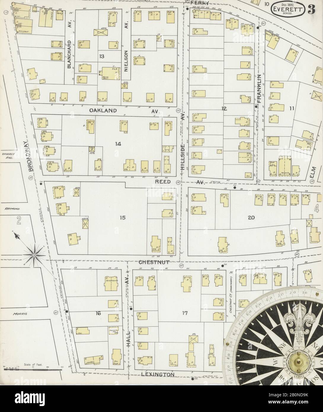 Bild 3 von Sanborn Fire Insurance Map aus Everett, Middlesex County, Massachusetts. Dezember 1892. 16 Blatt(e), Amerika, Straßenkarte mit einem Kompass Aus Dem 19. Jahrhundert Stockfoto