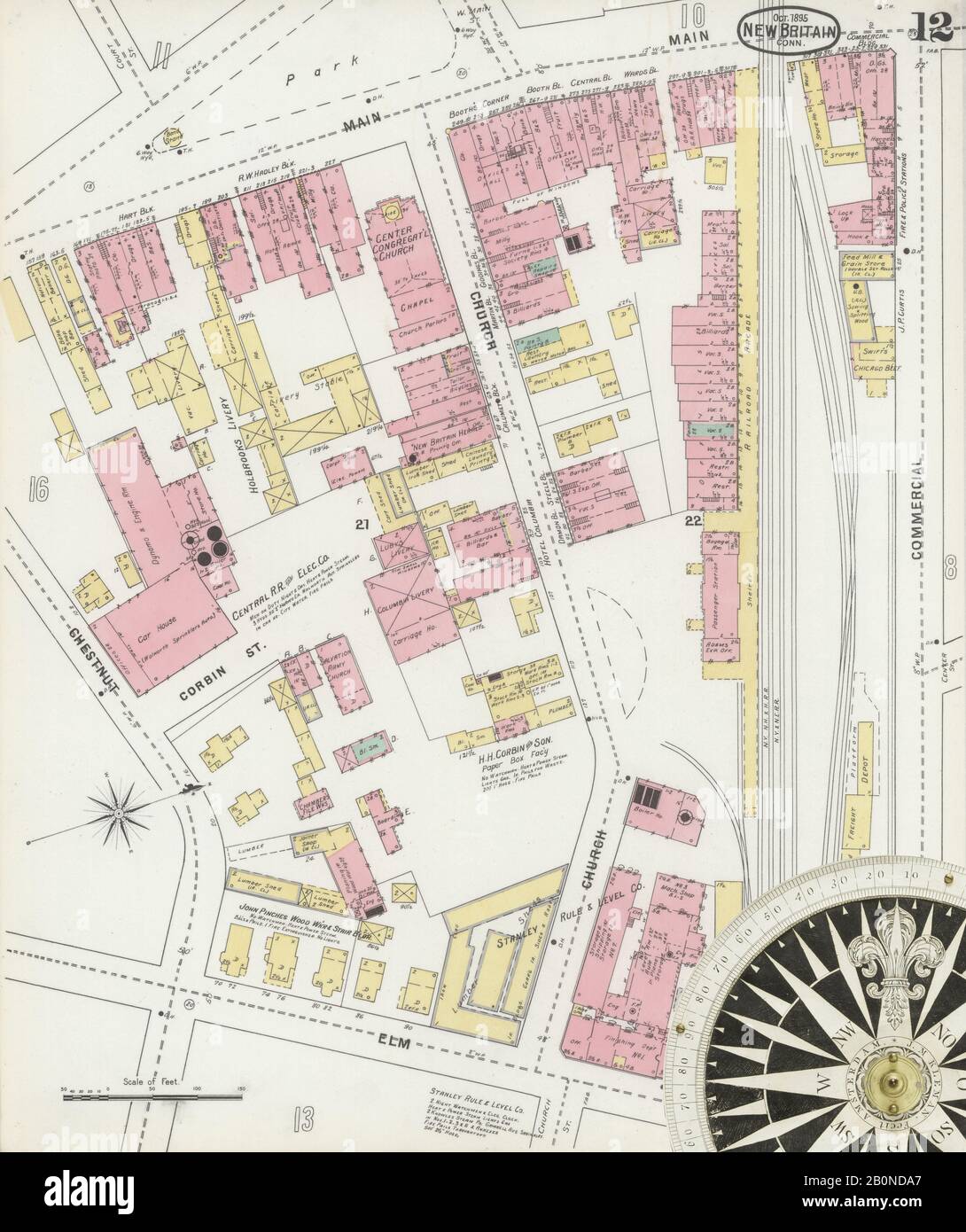 Bild 12 von Sanborn Fire Insurance Map aus New Britain, Hartford County, Connecticut. Okt. 24 Blatt(e), Amerika, Straßenkarte mit einem Kompass Aus Dem 19. Jahrhundert Stockfoto