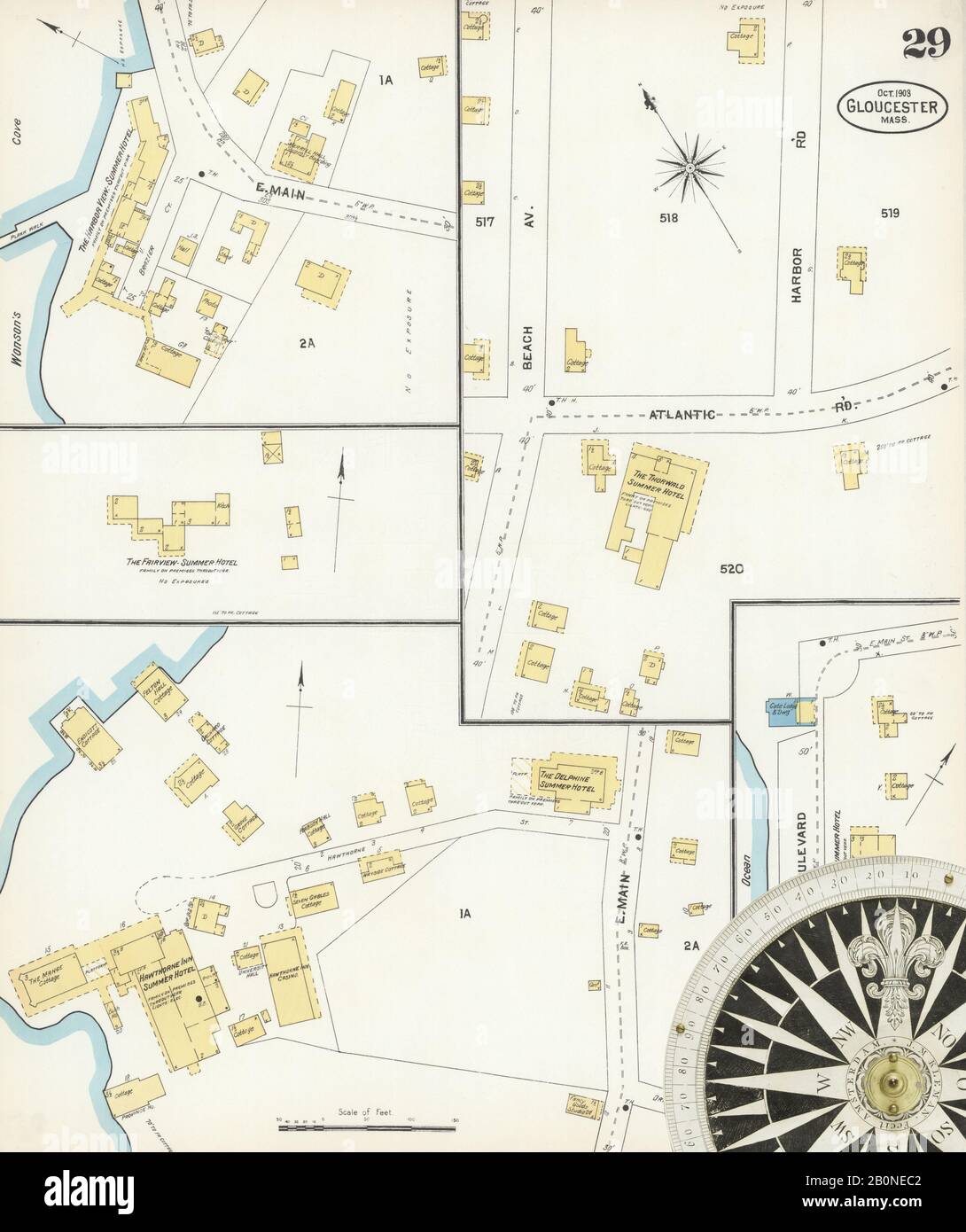 Bild 29 von Sanborn Fire Insurance Map aus Gloucester, Essex County, Massachusetts. Okt 1903. 34 Blatt(e), Amerika, Straßenkarte mit einem Kompass Aus Dem 19. Jahrhundert Stockfoto