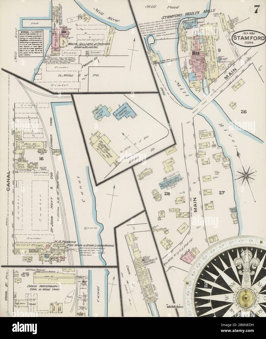 Bild 7 von Sanborn Fire Insurance Map aus Stamford, Fairfield County, Connecticut. Sep. 7 Blatt(e), Amerika, Straßenkarte mit einem Kompass Aus Dem 19. Jahrhundert Stockfoto