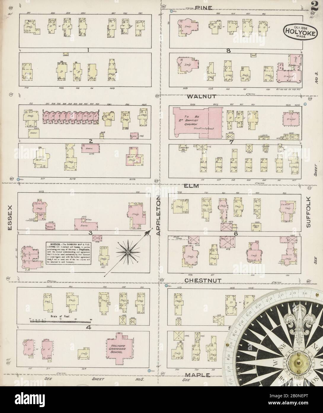 Bild 2 von Sanborn Fire Insurance Map aus Holyoke, Hampden County, Massachusetts. Oktober 1884. 18 Blatt(e), Amerika, Straßenkarte mit einem Kompass Aus Dem 19. Jahrhundert Stockfoto