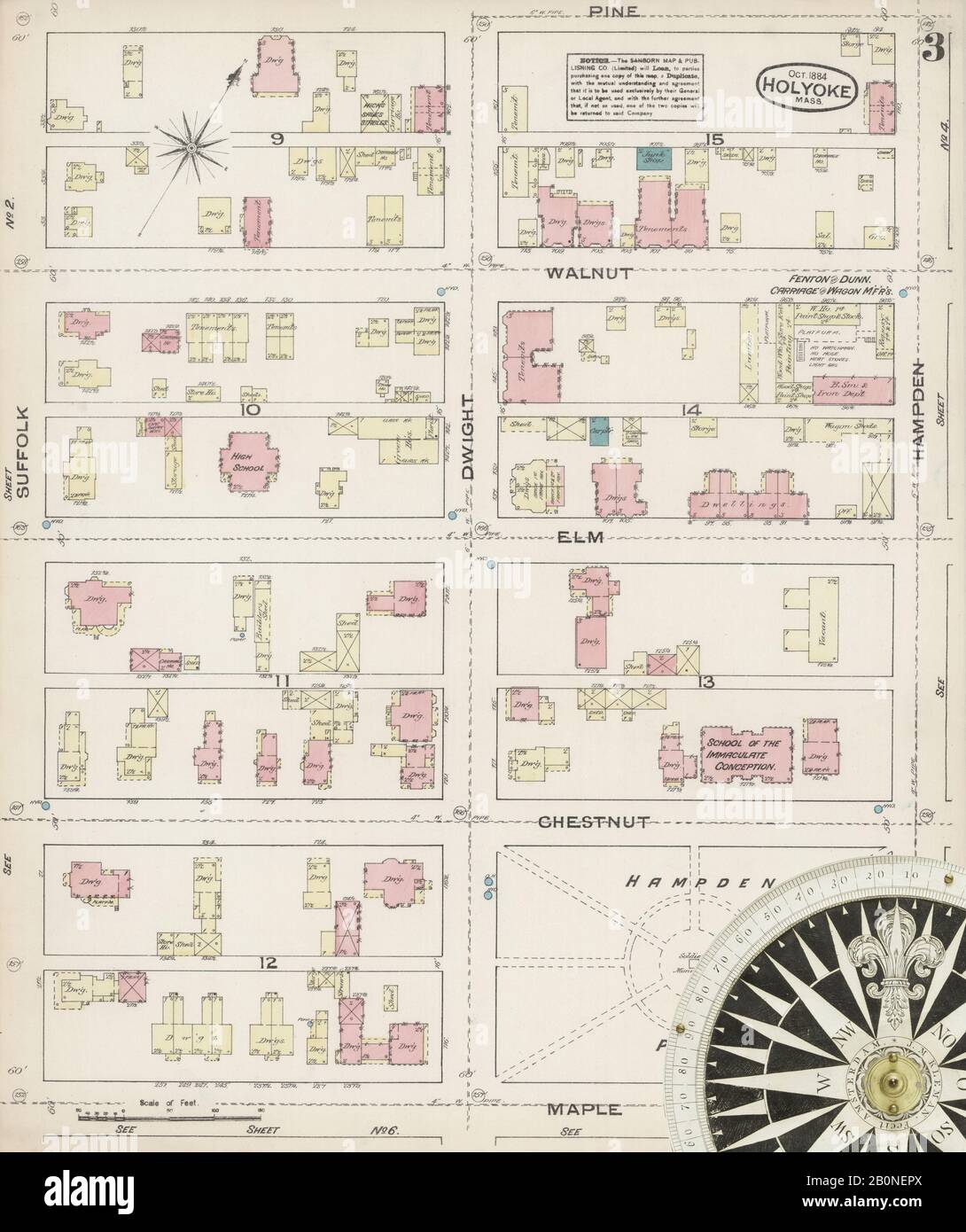 Bild 3 von Sanborn Fire Insurance Map aus Holyoke, Hampden County, Massachusetts. Oktober 1884. 18 Blatt(e), Amerika, Straßenkarte mit einem Kompass Aus Dem 19. Jahrhundert Stockfoto