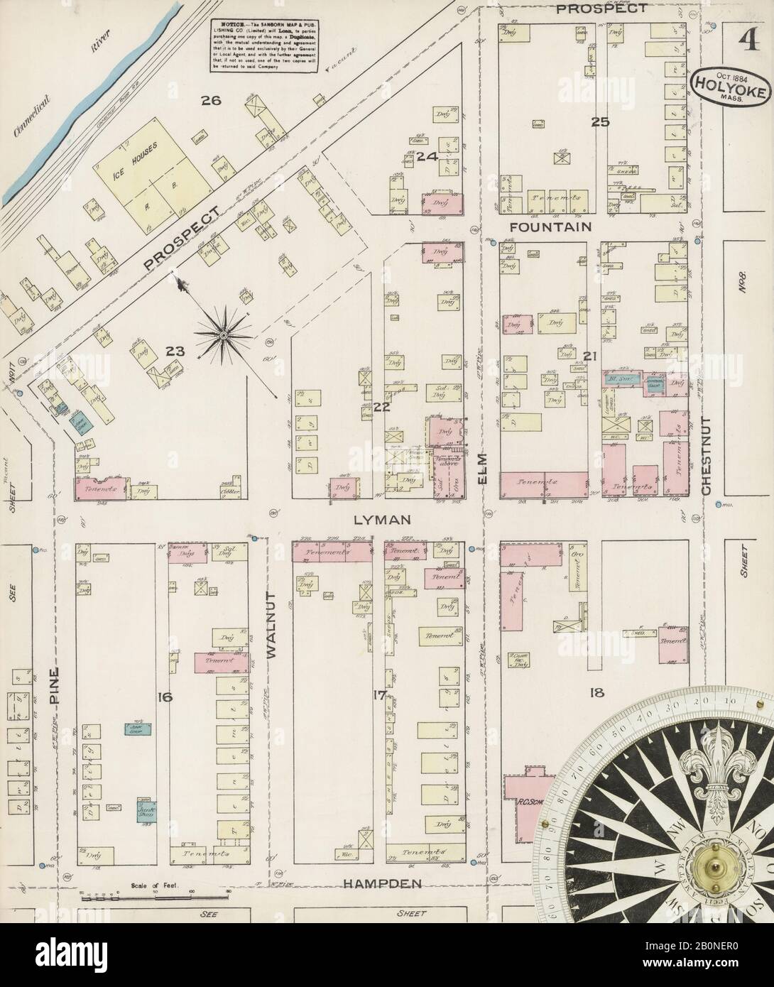 Bild 4 von Sanborn Fire Insurance Map aus Holyoke, Hampden County, Massachusetts. Oktober 1884. 18 Blatt(e), Amerika, Straßenkarte mit einem Kompass Aus Dem 19. Jahrhundert Stockfoto