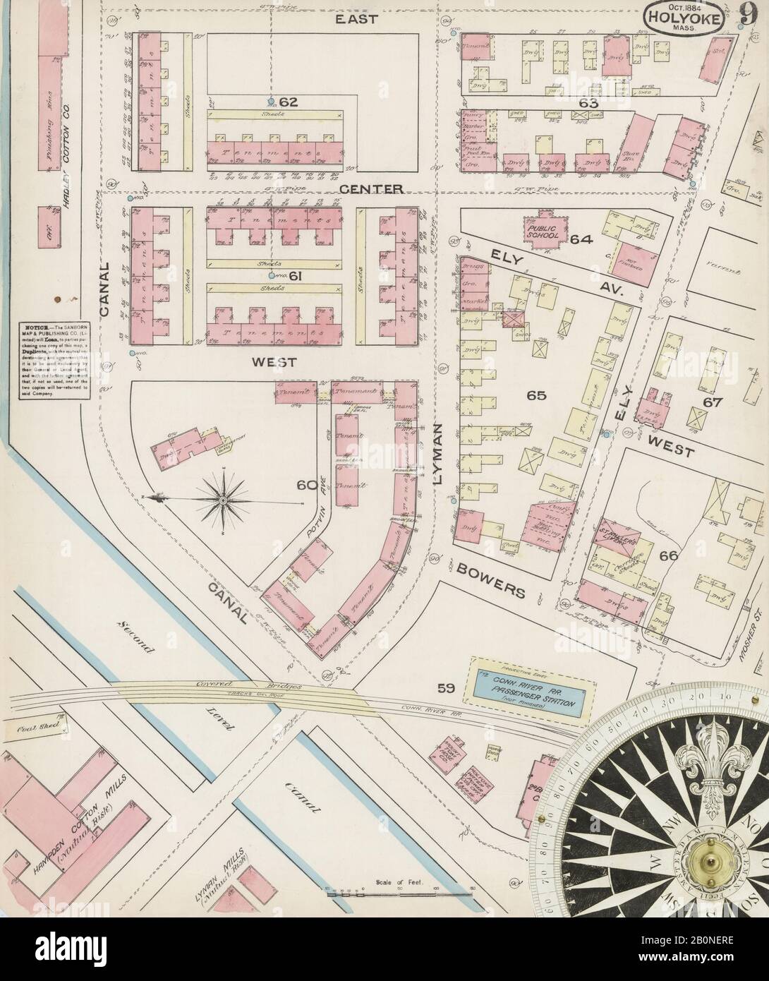 Bild 9 von Sanborn Fire Insurance Map aus Holyoke, Hampden County, Massachusetts. Oktober 1884. 18 Blatt(e), Amerika, Straßenkarte mit einem Kompass Aus Dem 19. Jahrhundert Stockfoto