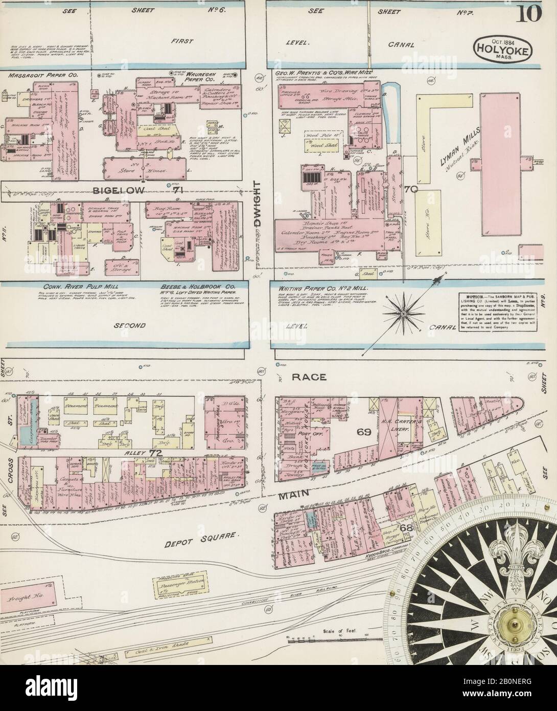 Bild 10 von Sanborn Fire Insurance Map aus Holyoke, Hampden County, Massachusetts. Oktober 1884. 18 Blatt(e), Amerika, Straßenkarte mit einem Kompass Aus Dem 19. Jahrhundert Stockfoto