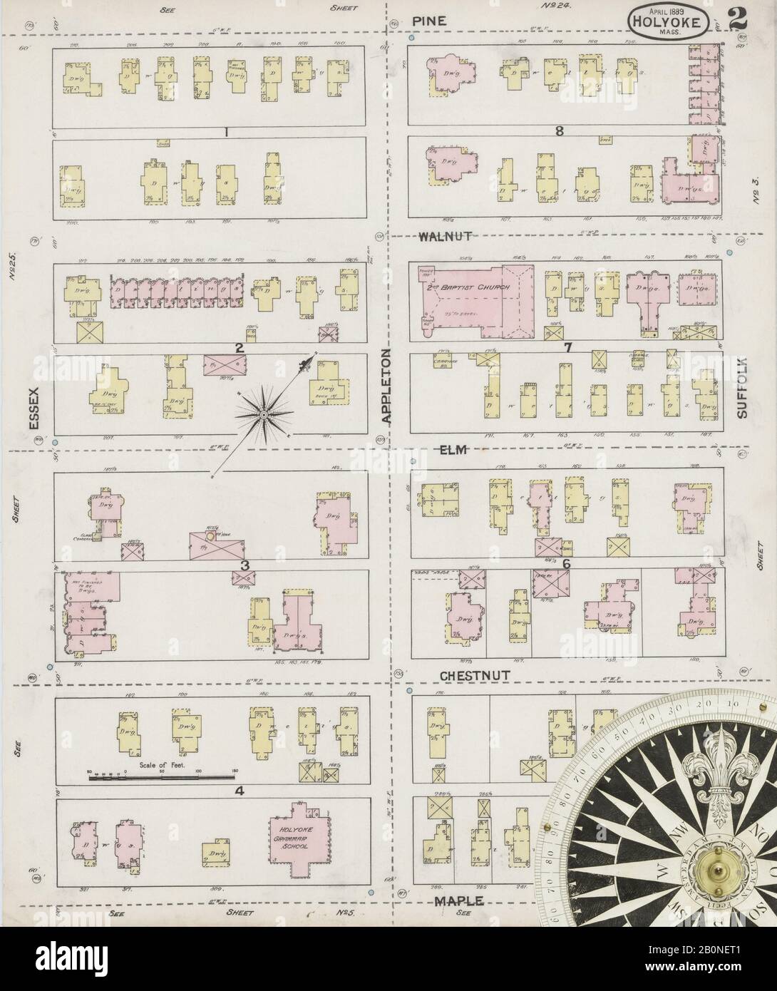 Bild 2 von Sanborn Fire Insurance Map aus Holyoke, Hampden County, Massachusetts. Apr. 30 Blatt(e), Amerika, Straßenkarte mit einem Kompass Aus Dem 19. Jahrhundert Stockfoto