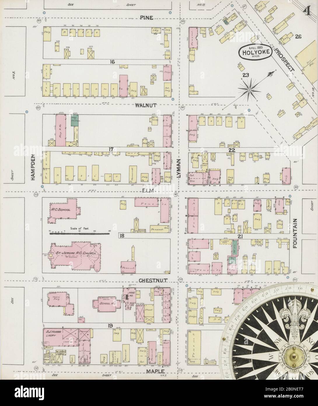 Bild 4 von Sanborn Fire Insurance Map aus Holyoke, Hampden County, Massachusetts. Apr. 30 Blatt(e), Amerika, Straßenkarte mit einem Kompass Aus Dem 19. Jahrhundert Stockfoto