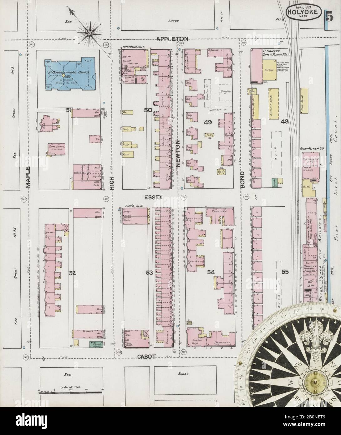 Bild 5 von Sanborn Fire Insurance Map aus Holyoke, Hampden County, Massachusetts. Apr. 30 Blatt(e), Amerika, Straßenkarte mit einem Kompass Aus Dem 19. Jahrhundert Stockfoto