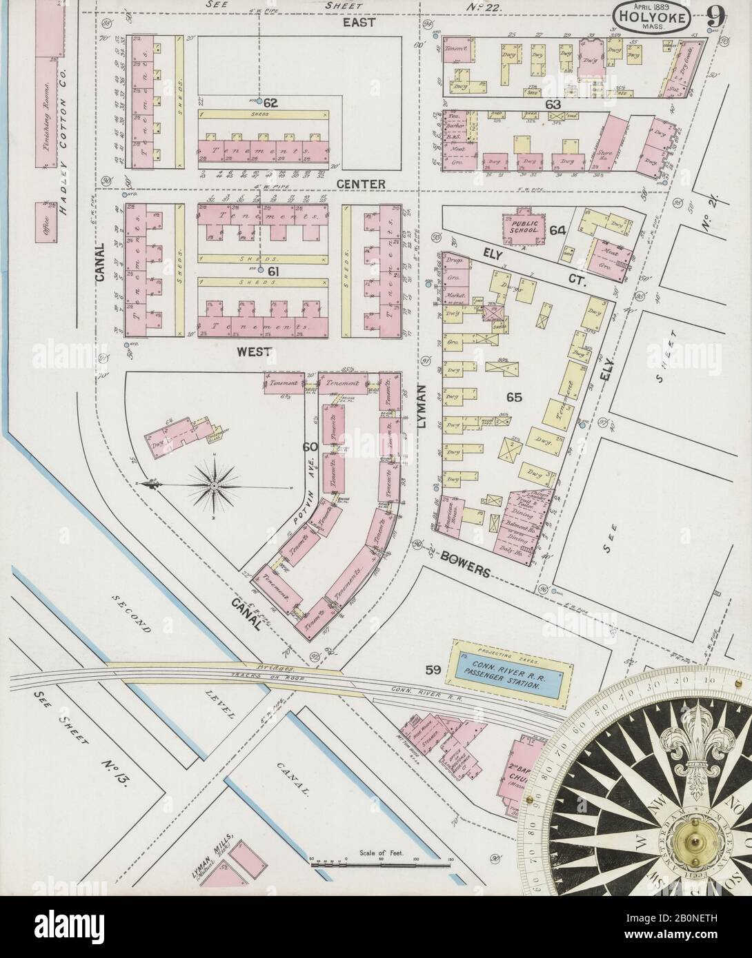 Bild 9 von Sanborn Fire Insurance Map aus Holyoke, Hampden County, Massachusetts. Apr. 30 Blatt(e), Amerika, Straßenkarte mit einem Kompass Aus Dem 19. Jahrhundert Stockfoto