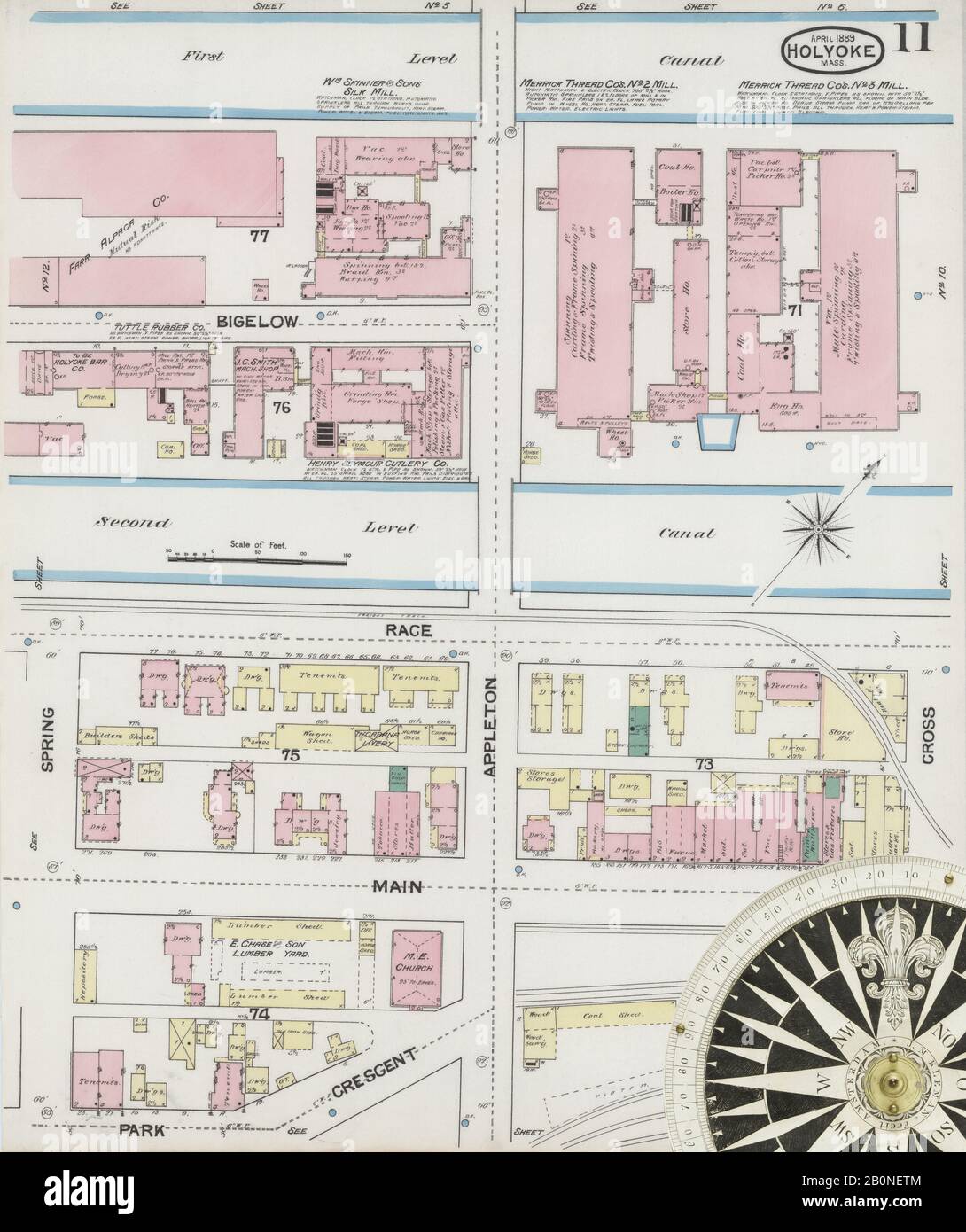 Bild 11 von Sanborn Fire Insurance Map aus Holyoke, Hampden County, Massachusetts. Apr. 30 Blatt(e), Amerika, Straßenkarte mit einem Kompass Aus Dem 19. Jahrhundert Stockfoto