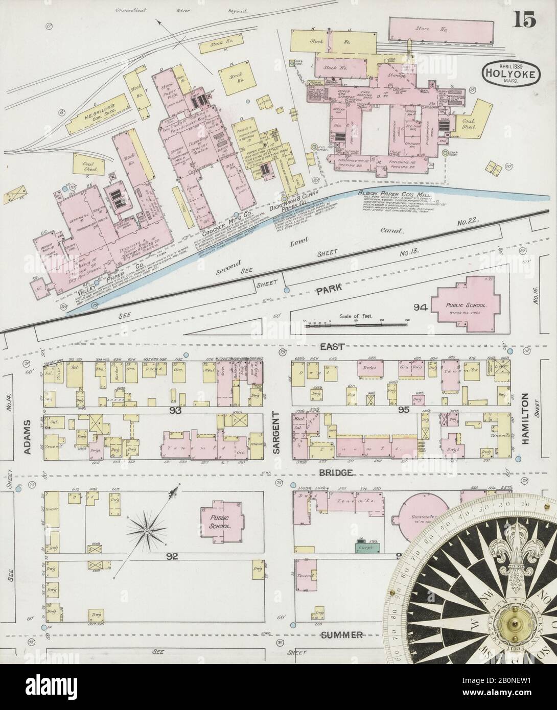Bild 15 von Sanborn Fire Insurance Map aus Holyoke, Hampden County, Massachusetts. Apr. 30 Blatt(e), Amerika, Straßenkarte mit einem Kompass Aus Dem 19. Jahrhundert Stockfoto