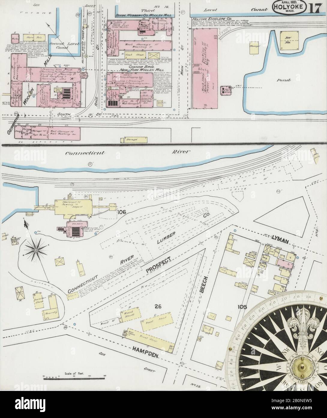 Bild 17 von Sanborn Fire Insurance Map aus Holyoke, Hampden County, Massachusetts. Apr. 30 Blatt(e), Amerika, Straßenkarte mit einem Kompass Aus Dem 19. Jahrhundert Stockfoto