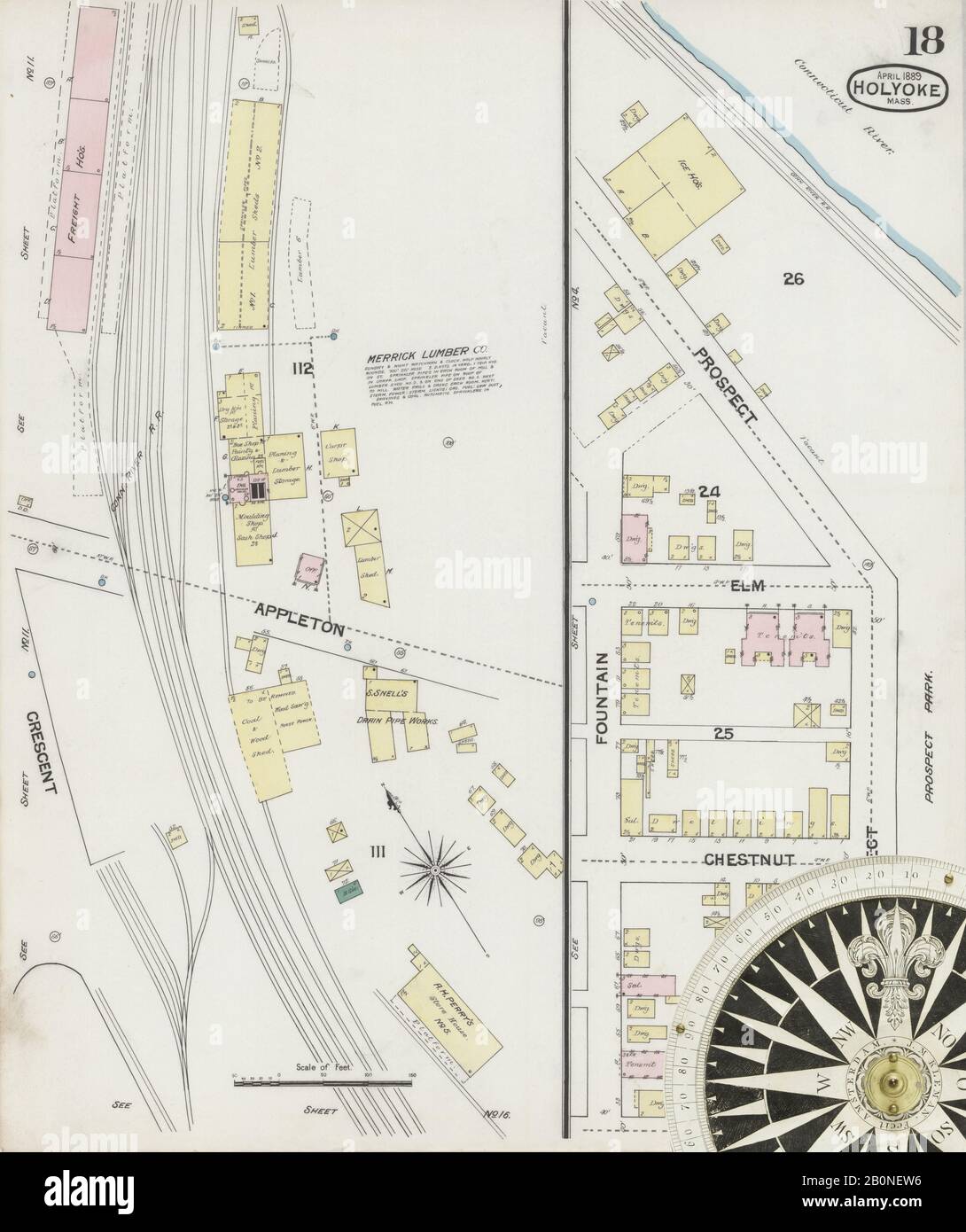 Bild 18 von Sanborn Fire Insurance Map aus Holyoke, Hampden County, Massachusetts. Apr. 30 Blatt(e), Amerika, Straßenkarte mit einem Kompass Aus Dem 19. Jahrhundert Stockfoto