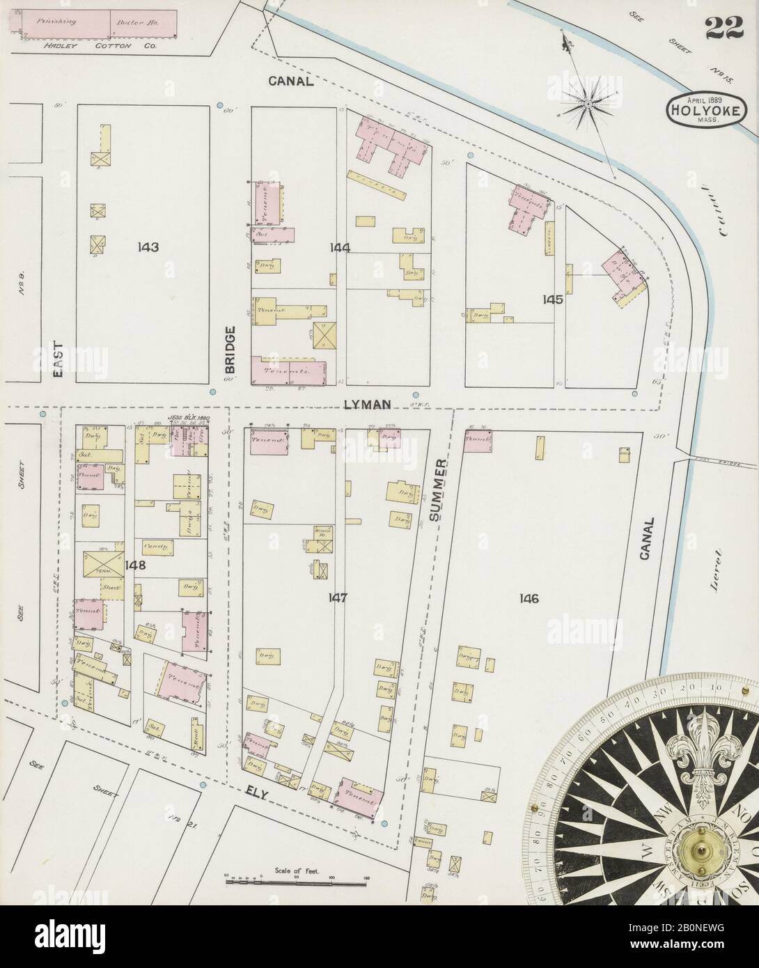 Bild 22 von Sanborn Fire Insurance Map aus Holyoke, Hampden County, Massachusetts. Apr. 30 Blatt(e), Amerika, Straßenkarte mit einem Kompass Aus Dem 19. Jahrhundert Stockfoto
