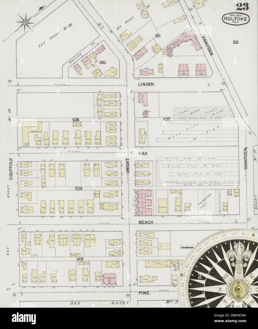 Bild 23 von Sanborn Fire Insurance Map aus Holyoke, Hampden County, Massachusetts. Apr. 30 Blatt(e), Amerika, Straßenkarte mit einem Kompass Aus Dem 19. Jahrhundert Stockfoto