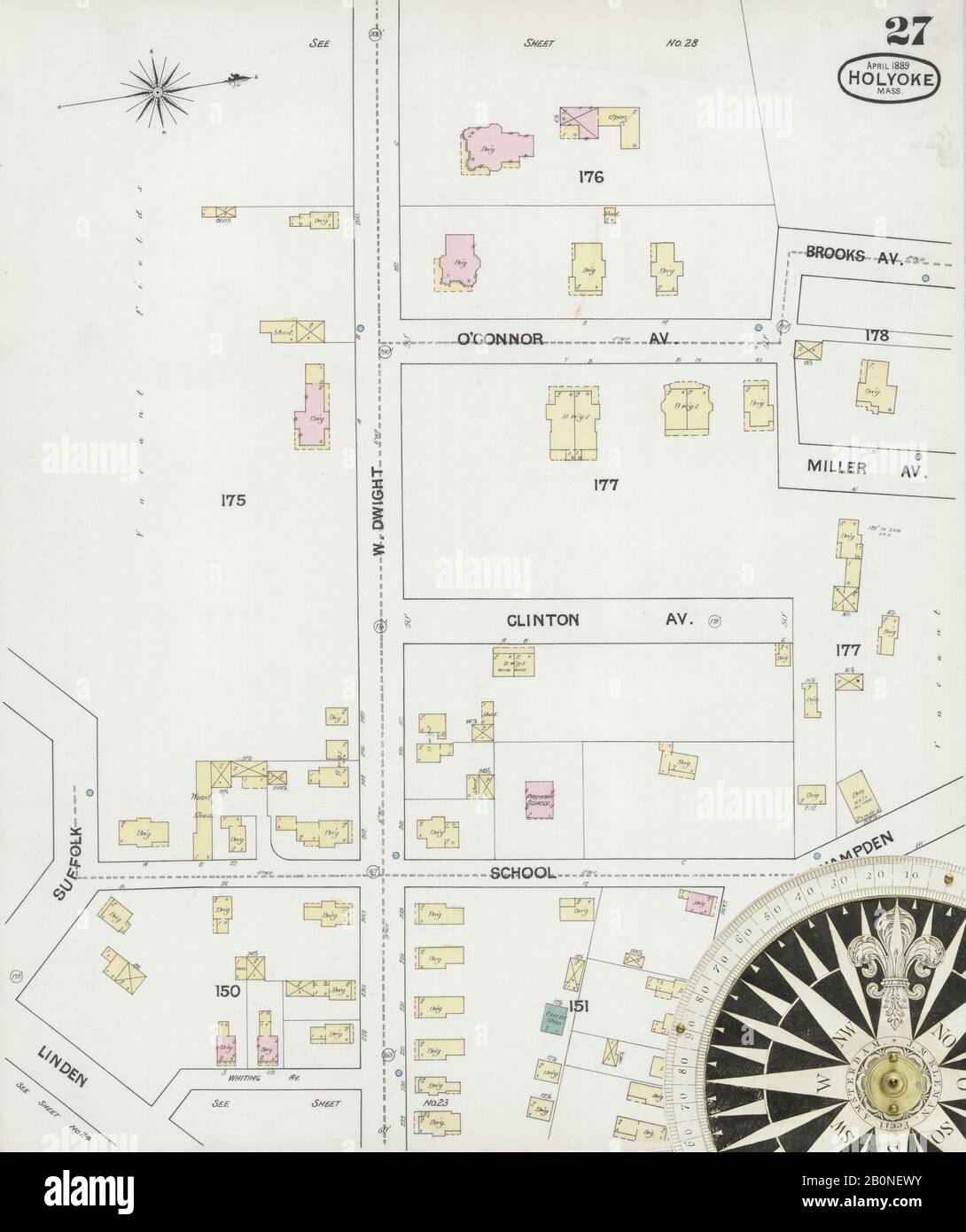 Bild 27 von Sanborn Fire Insurance Map aus Holyoke, Hampden County, Massachusetts. Apr. 30 Blatt(e), Amerika, Straßenkarte mit einem Kompass Aus Dem 19. Jahrhundert Stockfoto