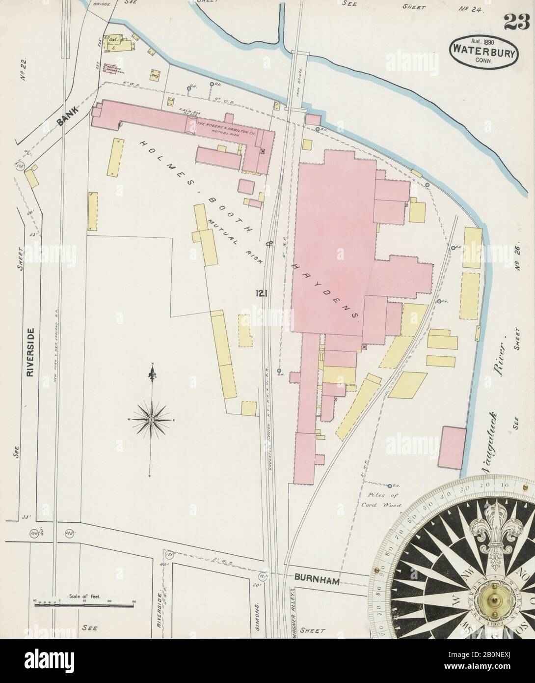 Bild 23 von Sanborn Fire Insurance Map aus Waterbury, New Haven County, Connecticut. August 1890. 31 Blatt(e), Amerika, Straßenkarte mit einem Kompass Aus Dem 19. Jahrhundert Stockfoto