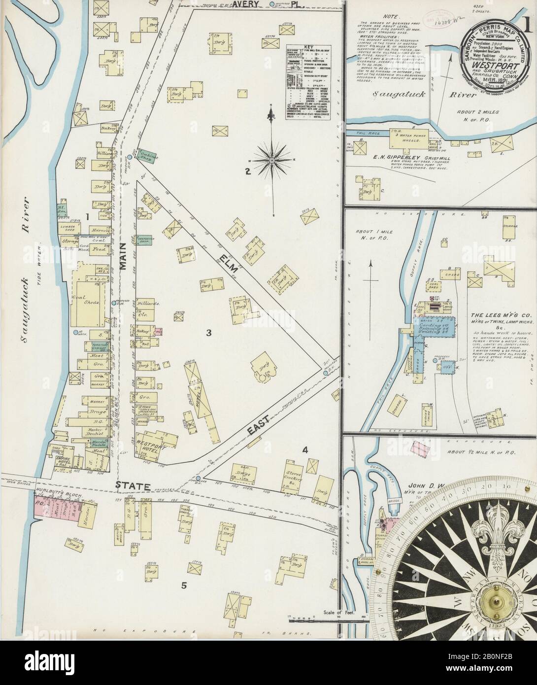 Bild 1 von Sanborn Fire Insurance Map aus Westport, Fairfield County, Connecticut. März 1891. 2 Blatt(e), Amerika, Straßenkarte mit einem Kompass Aus Dem 19. Jahrhundert Stockfoto