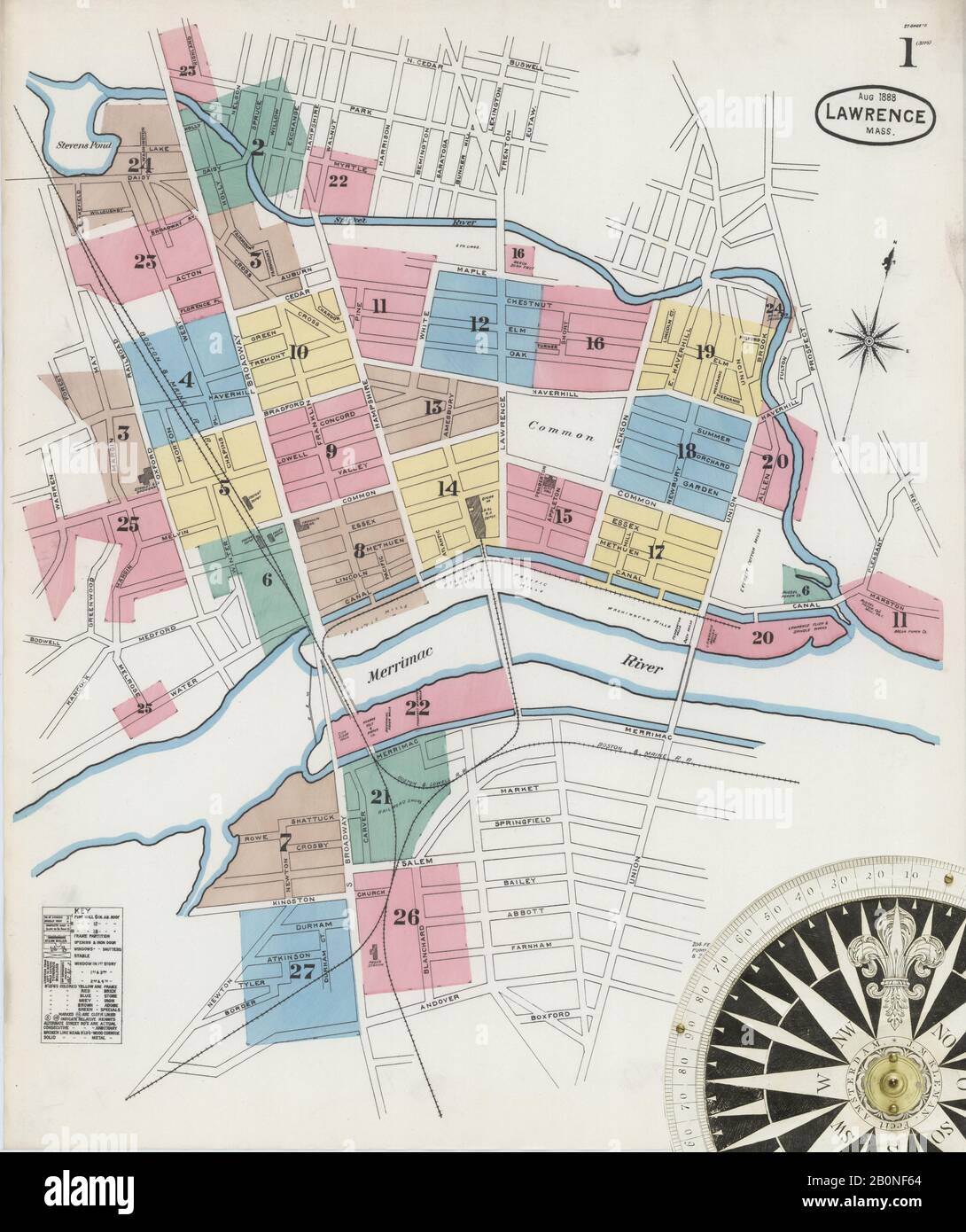 Bild 1 von Sanborn Fire Insurance Map aus Lawrence, Essex County, Massachusetts. August 1888. 27 Blatt(e), Amerika, Straßenkarte mit einem Kompass Aus Dem 19. Jahrhundert Stockfoto