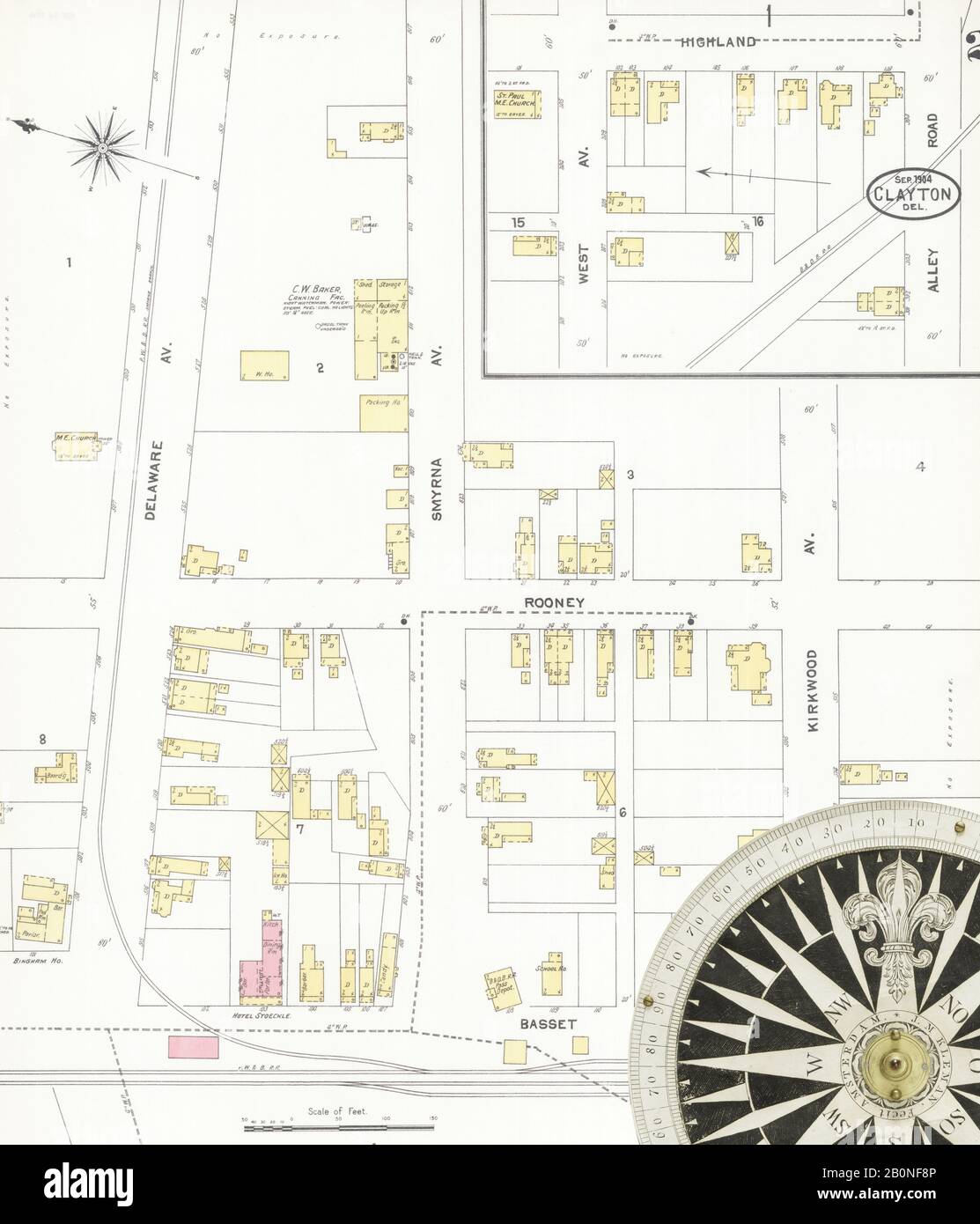 Bild 2 von Sanborn Fire Insurance Map aus Clayton, Kent County, Delaware. Sep. 1904/05. 2 Blatt(e), Amerika, Straßenkarte mit einem Kompass Aus Dem 19. Jahrhundert Stockfoto