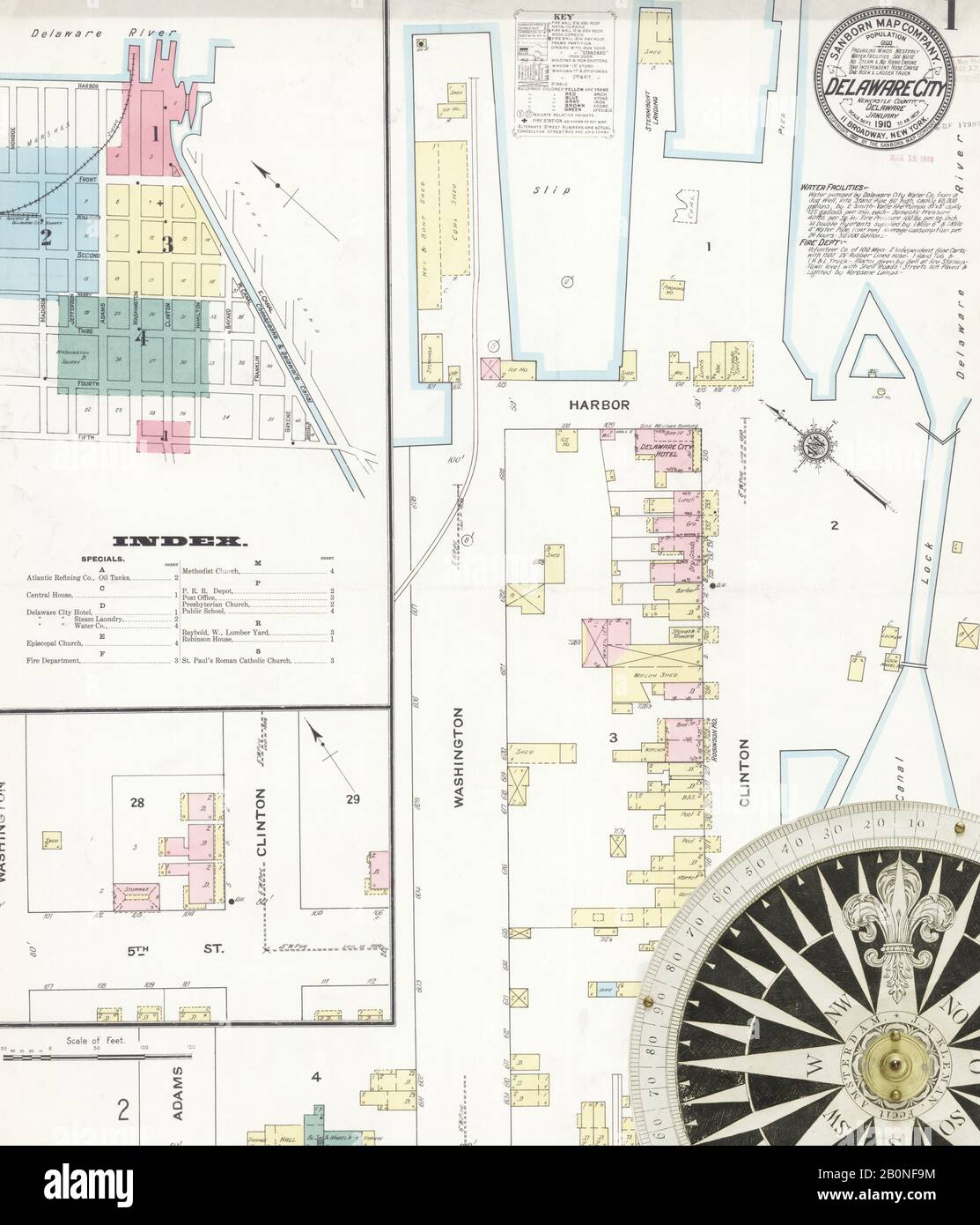 Bild 1 von Sanborn Fire Insurance Map aus Delaware City, New Castle County, Delaware. Januar 1910. 4 Blatt(e), Amerika, Straßenkarte mit einem Kompass Aus Dem 19. Jahrhundert Stockfoto