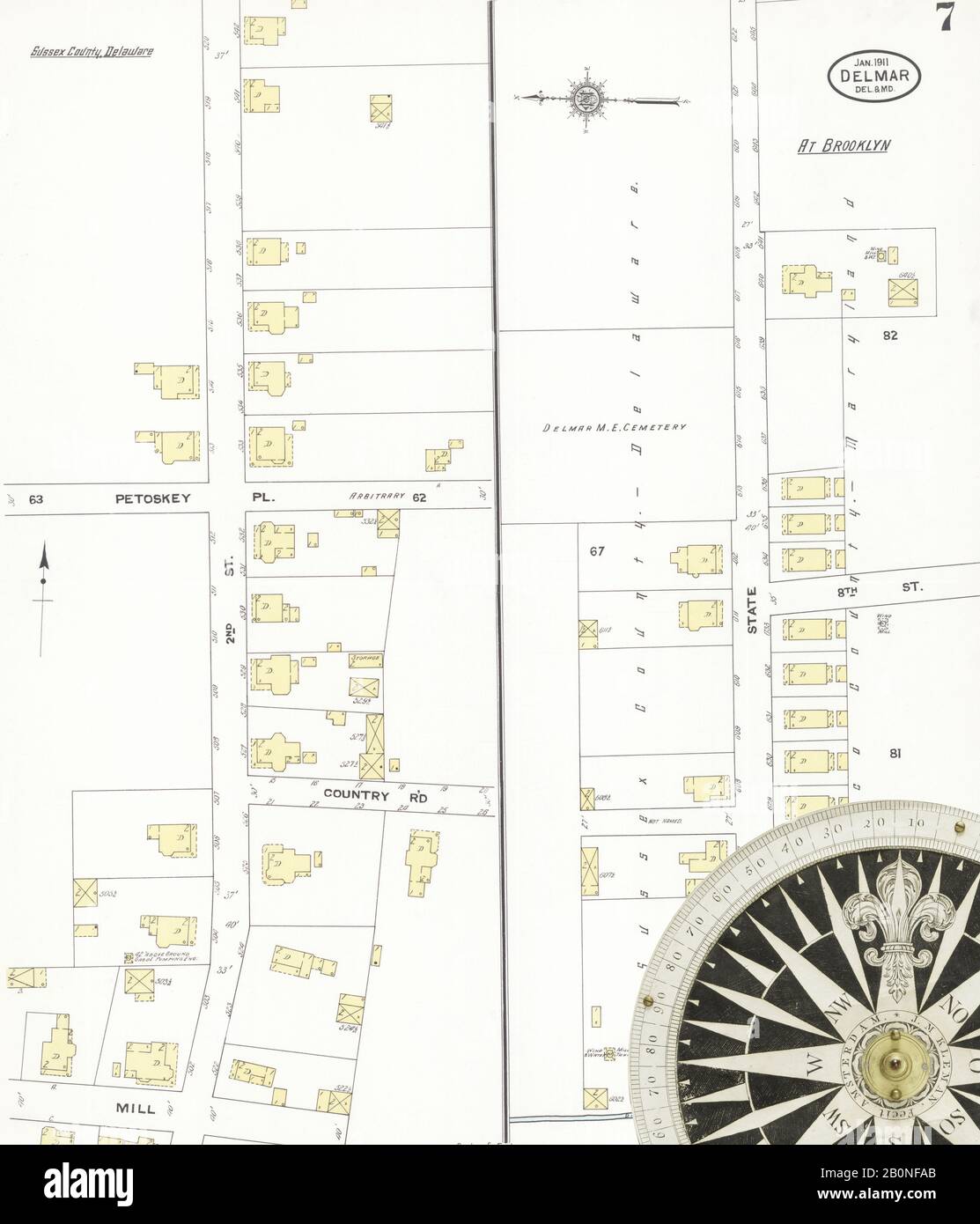 Bild 7 von Sanborn Fire Insurance Map aus Delmar, Sussex County, D.und Wicomico County, MD, Delaware. Januar 1911. 7 Blatt(e), Amerika, Straßenkarte mit einem Kompass Aus Dem 19. Jahrhundert Stockfoto