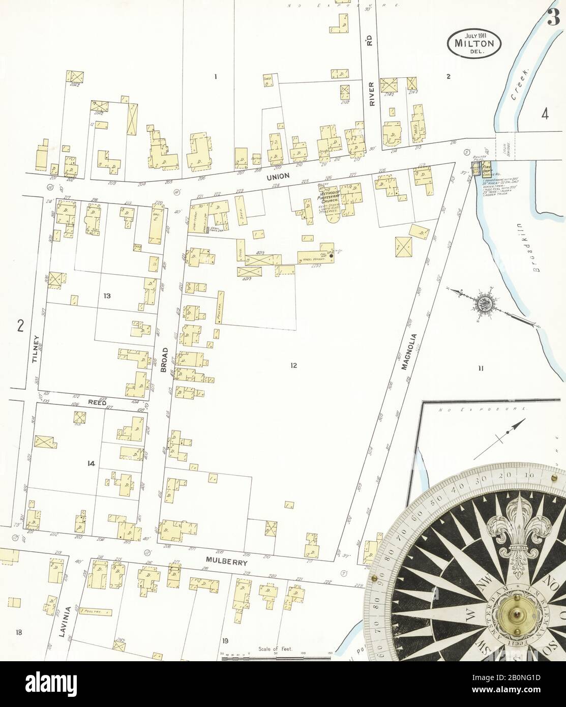 Bild 3 von Sanborn Fire Insurance Map aus Milton, Sussex County, Delaware. Juli 1911. 7 Blatt(e), Amerika, Straßenkarte mit einem Kompass Aus Dem 19. Jahrhundert Stockfoto