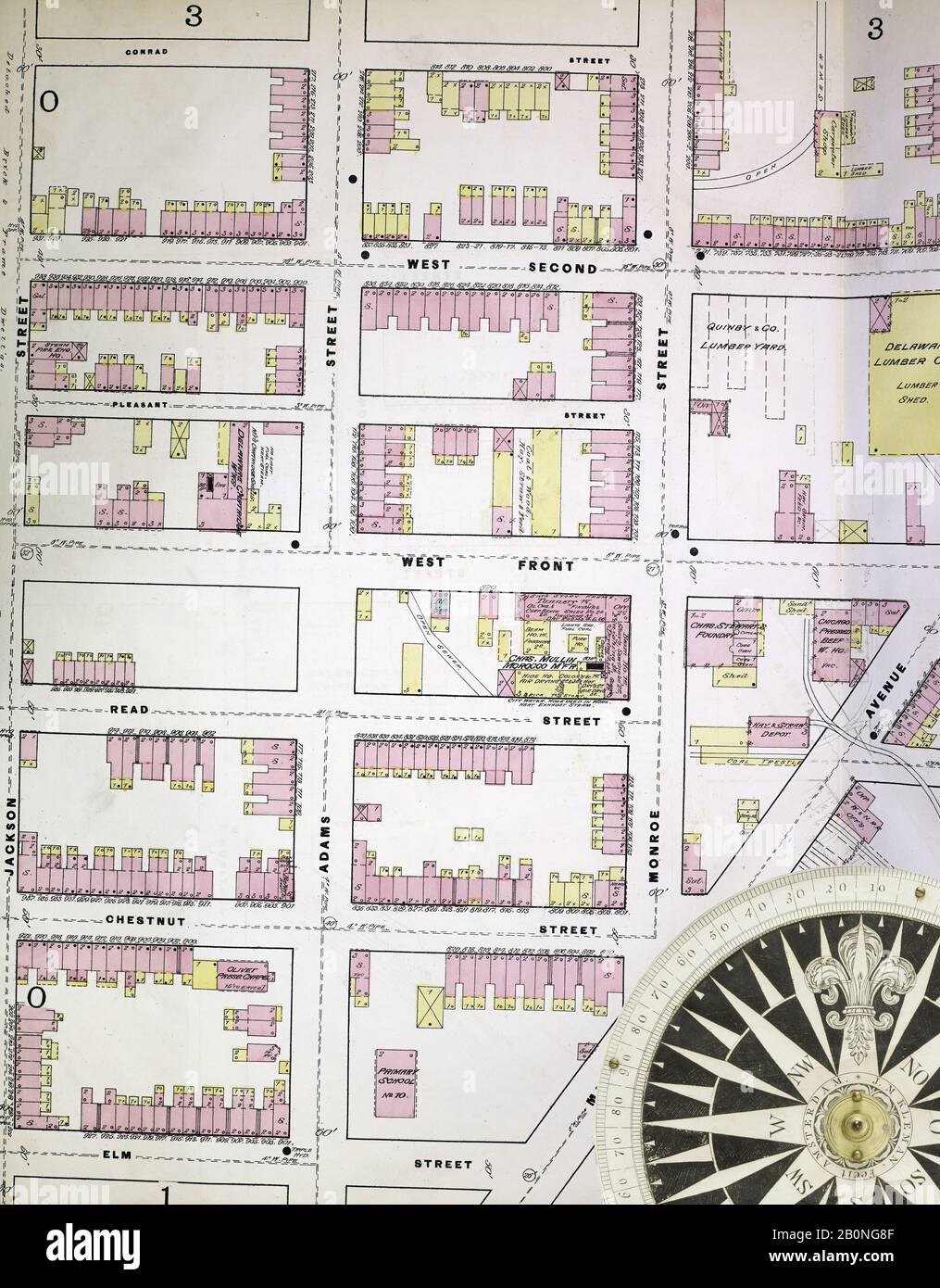 Bild 5 von Sanborn Fire Insurance Map aus Wilmington, New Castle County, Delaware. Im Jahr 1984. 44 Blatt(e). Doppeltgepappte Platten mit der Nummer 1-21. Bound, Amerika, Straßenkarte mit einem Kompass Aus Dem 19. Jahrhundert Stockfoto