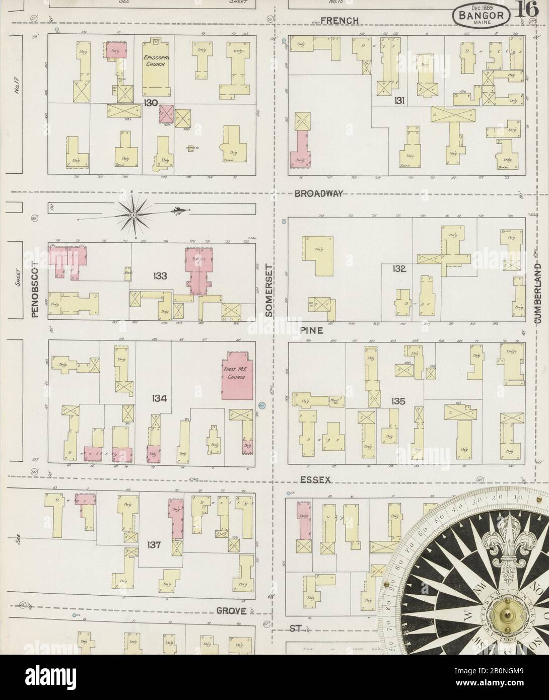 Bild 16 von Sanborn Fire Insurance Map aus Bangor, Penobscot County, Maine. Dez. 20 Blatt(e), Amerika, Straßenkarte mit einem Kompass Aus Dem 19. Jahrhundert Stockfoto