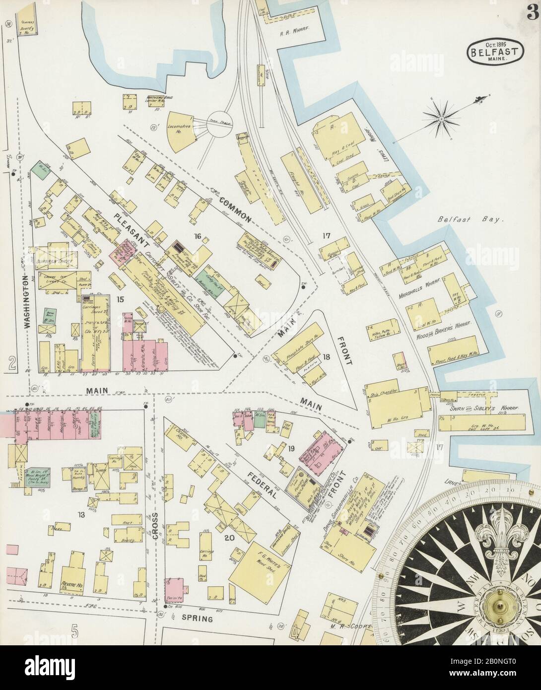 Bild 3 von Sanborn Fire Insurance Map aus Belfast, Waldo County, Maine. Okt. 6 Blatt(e), Amerika, Straßenkarte mit einem Kompass Aus Dem 19. Jahrhundert Stockfoto
