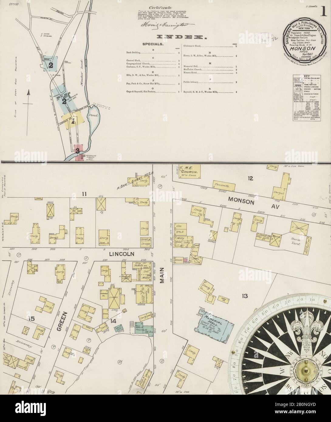 Bild 1 von Sanborn Fire Insurance Map aus Monson, Hampden County, Massachusetts. Nov. 3 Blatt(e), Amerika, Straßenkarte mit einem Kompass Aus Dem 19. Jahrhundert Stockfoto