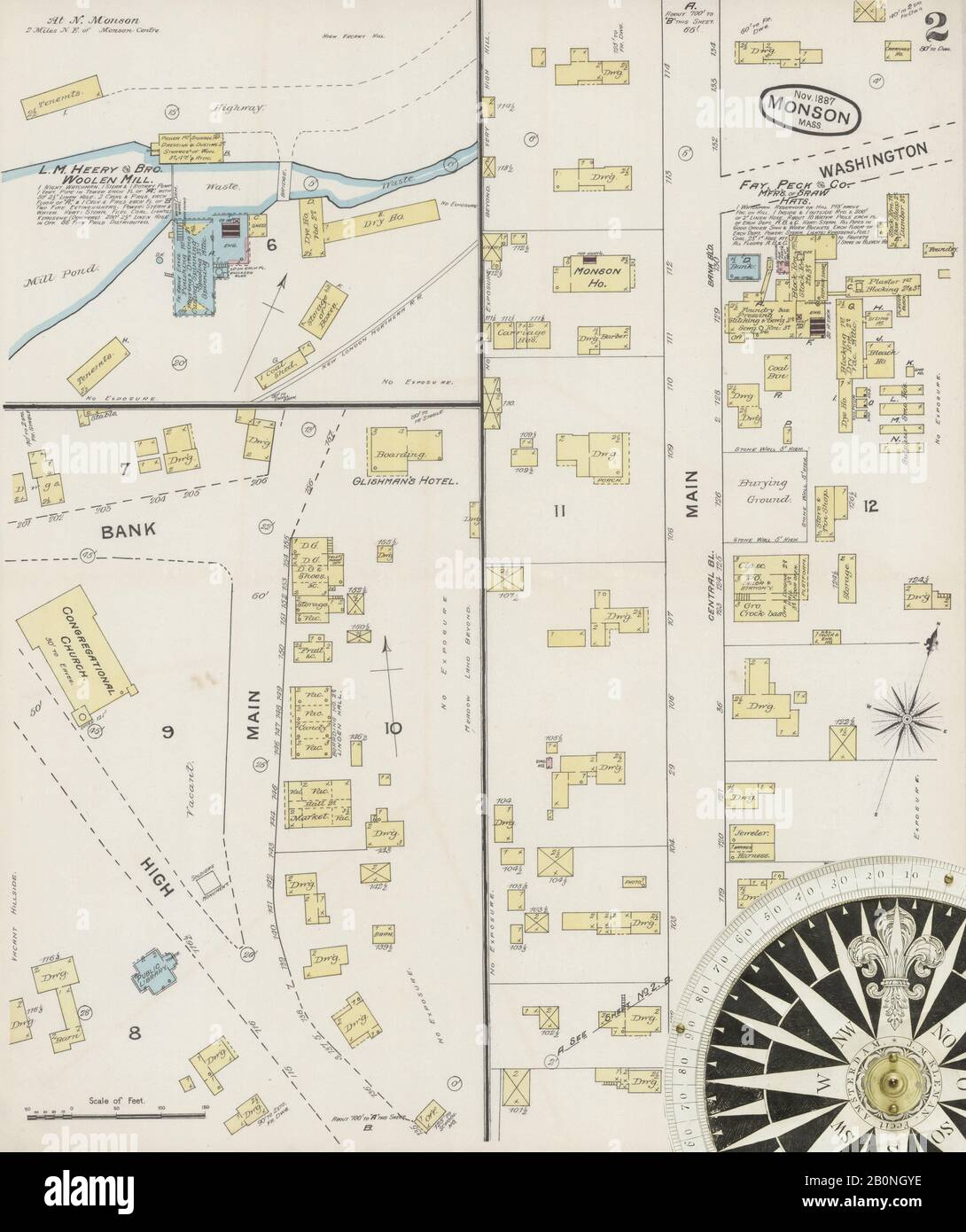 Bild 2 von Sanborn Fire Insurance Map aus Monson, Hampden County, Massachusetts. Nov. 3 Blatt(e), Amerika, Straßenkarte mit einem Kompass Aus Dem 19. Jahrhundert Stockfoto