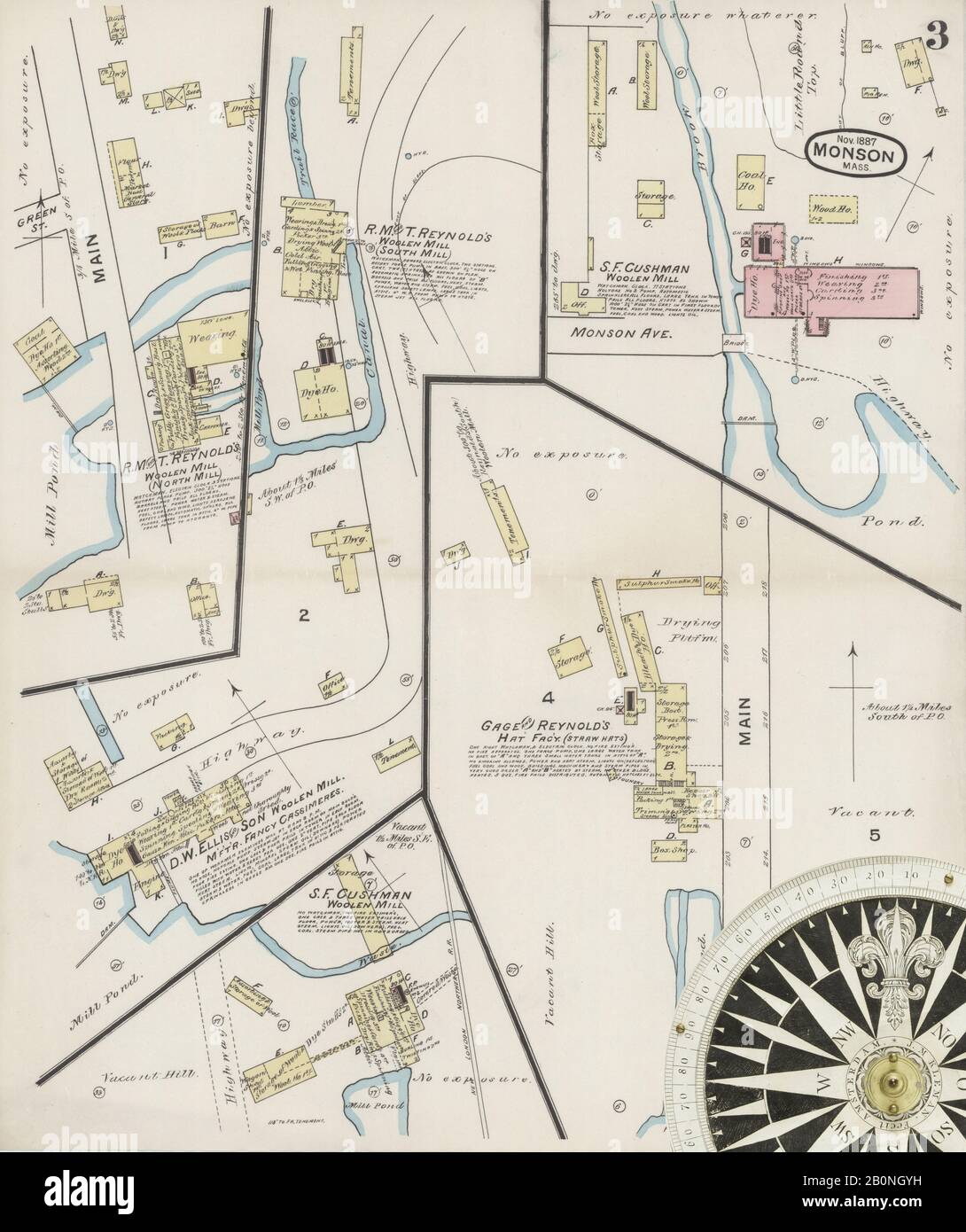 Bild 3 von Sanborn Fire Insurance Map aus Monson, Hampden County, Massachusetts. Nov. 3 Blatt(e), Amerika, Straßenkarte mit einem Kompass Aus Dem 19. Jahrhundert Stockfoto