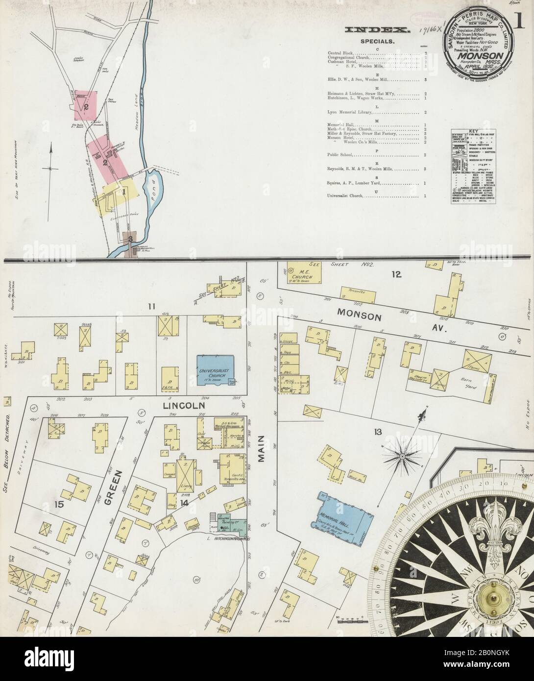 Bild 1 von Sanborn Fire Insurance Map aus Monson, Hampden County, Massachusetts. Apr. 3 Blatt(e), Amerika, Straßenkarte mit einem Kompass Aus Dem 19. Jahrhundert Stockfoto