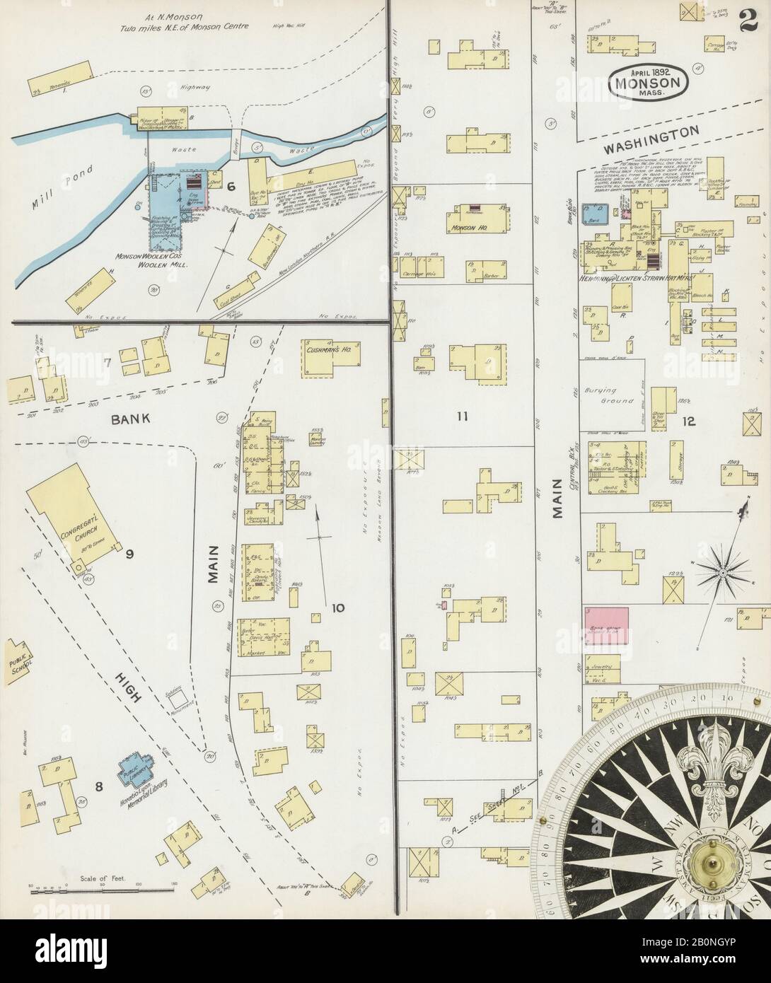 Bild 2 von Sanborn Fire Insurance Map aus Monson, Hampden County, Massachusetts. Apr. 3 Blatt(e), Amerika, Straßenkarte mit einem Kompass Aus Dem 19. Jahrhundert Stockfoto