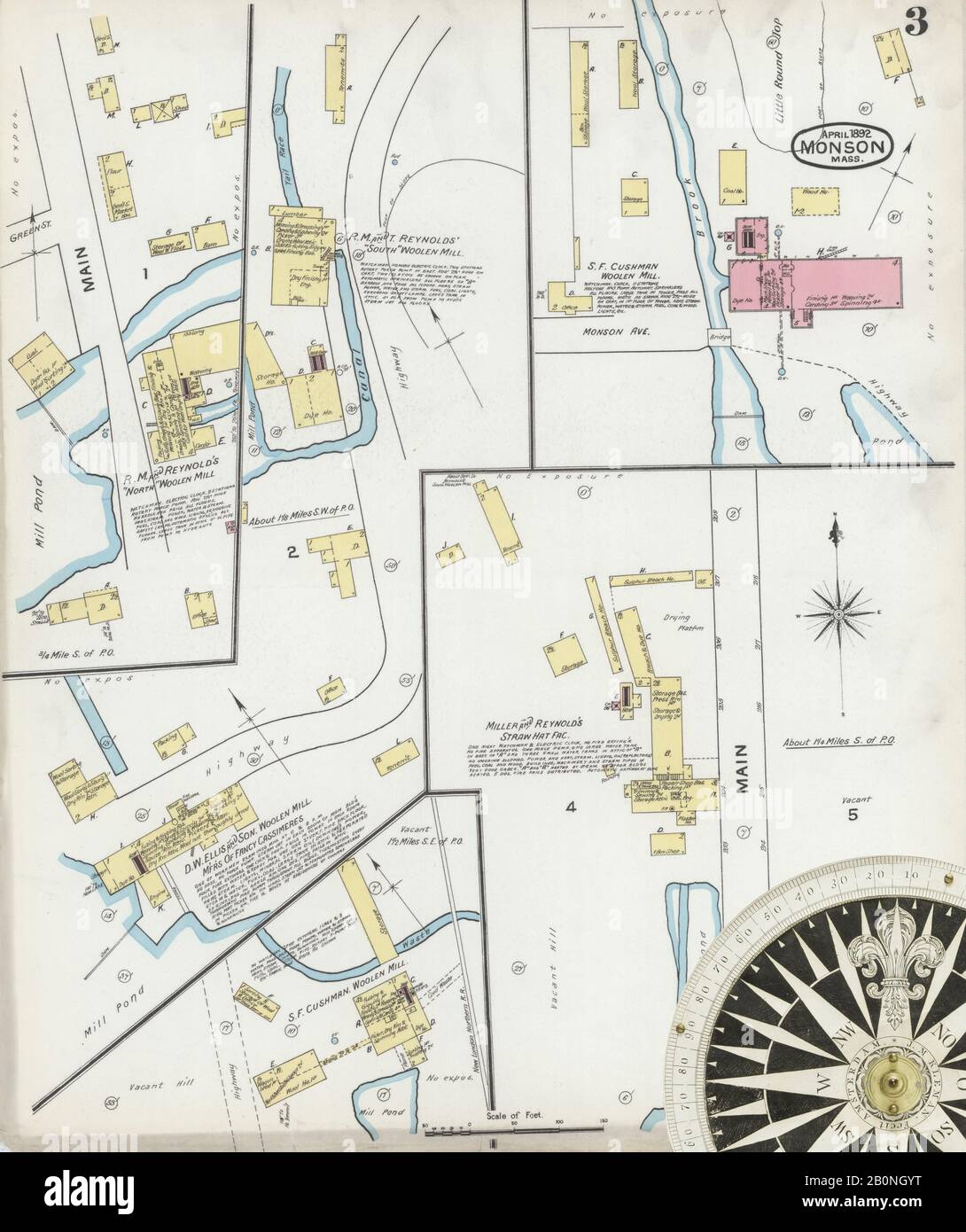 Bild 3 von Sanborn Fire Insurance Map aus Monson, Hampden County, Massachusetts. Apr. 3 Blatt(e), Amerika, Straßenkarte mit einem Kompass Aus Dem 19. Jahrhundert Stockfoto
