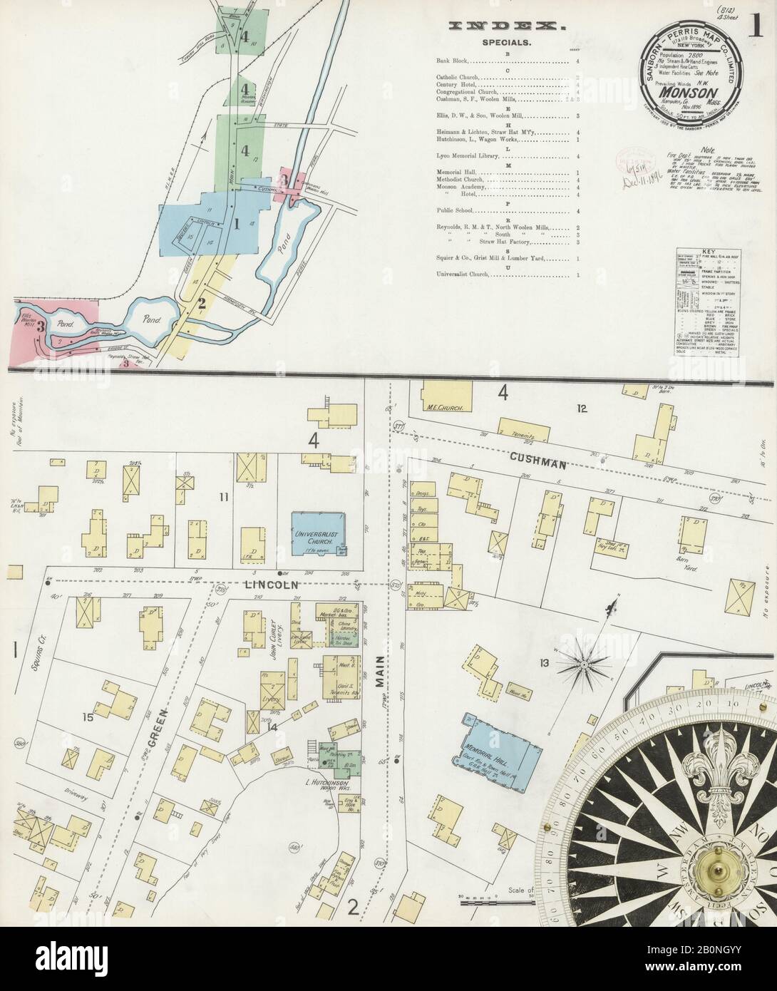 Bild 1 von Sanborn Fire Insurance Map aus Monson, Hampden County, Massachusetts. Nov. 4 Blatt(e), Amerika, Straßenkarte mit einem Kompass Aus Dem 19. Jahrhundert Stockfoto