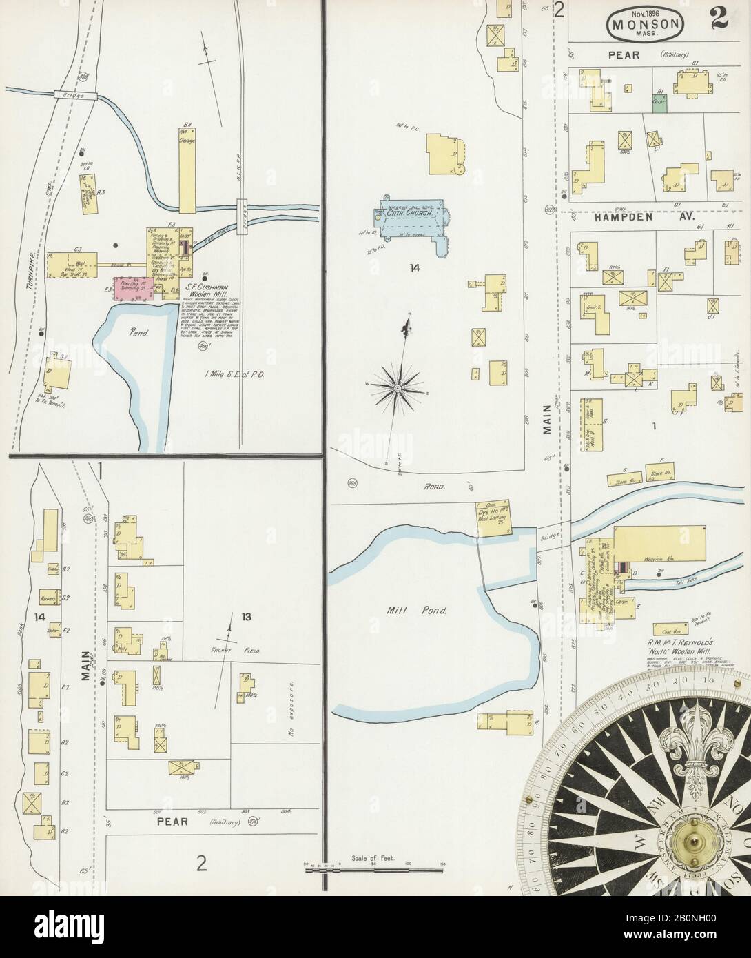 Bild 2 von Sanborn Fire Insurance Map aus Monson, Hampden County, Massachusetts. Nov. 4 Blatt(e), Amerika, Straßenkarte mit einem Kompass Aus Dem 19. Jahrhundert Stockfoto