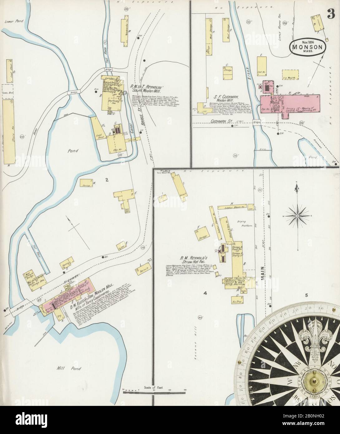 Bild 3 von Sanborn Fire Insurance Map aus Monson, Hampden County, Massachusetts. Nov. 4 Blatt(e), Amerika, Straßenkarte mit einem Kompass Aus Dem 19. Jahrhundert Stockfoto