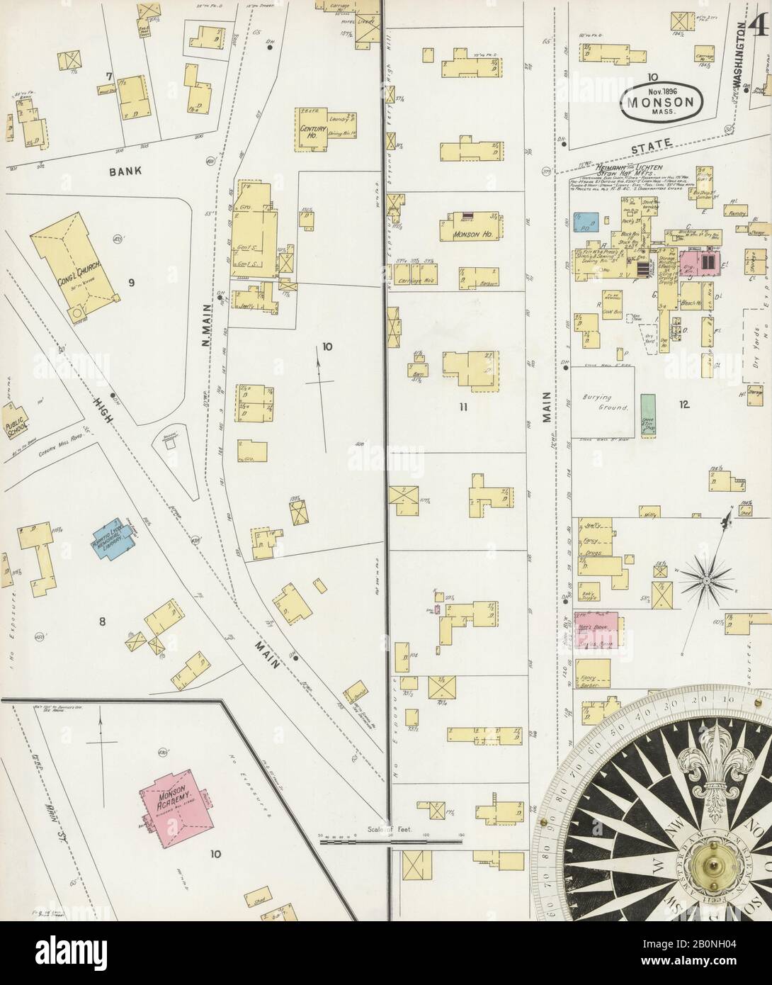 Bild 4 von Sanborn Fire Insurance Map aus Monson, Hampden County, Massachusetts. Nov. 4 Blatt(e), Amerika, Straßenkarte mit einem Kompass Aus Dem 19. Jahrhundert Stockfoto
