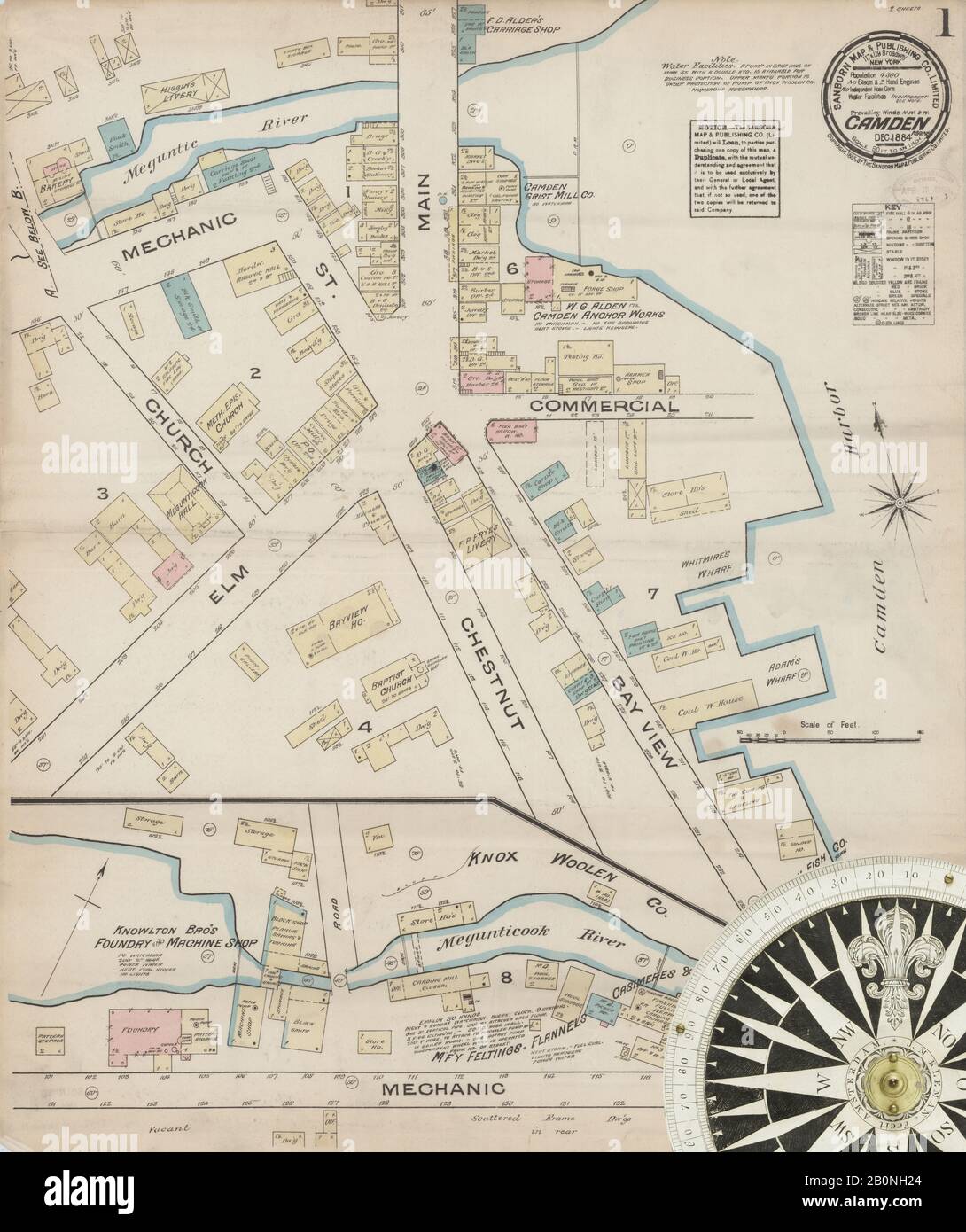 Bild 1 von Sanborn Fire Insurance Map aus Camden, Knox County, Maine. Dezember 1884Er. 2 Blatt(e), Amerika, Straßenkarte mit einem Kompass Aus Dem 19. Jahrhundert Stockfoto